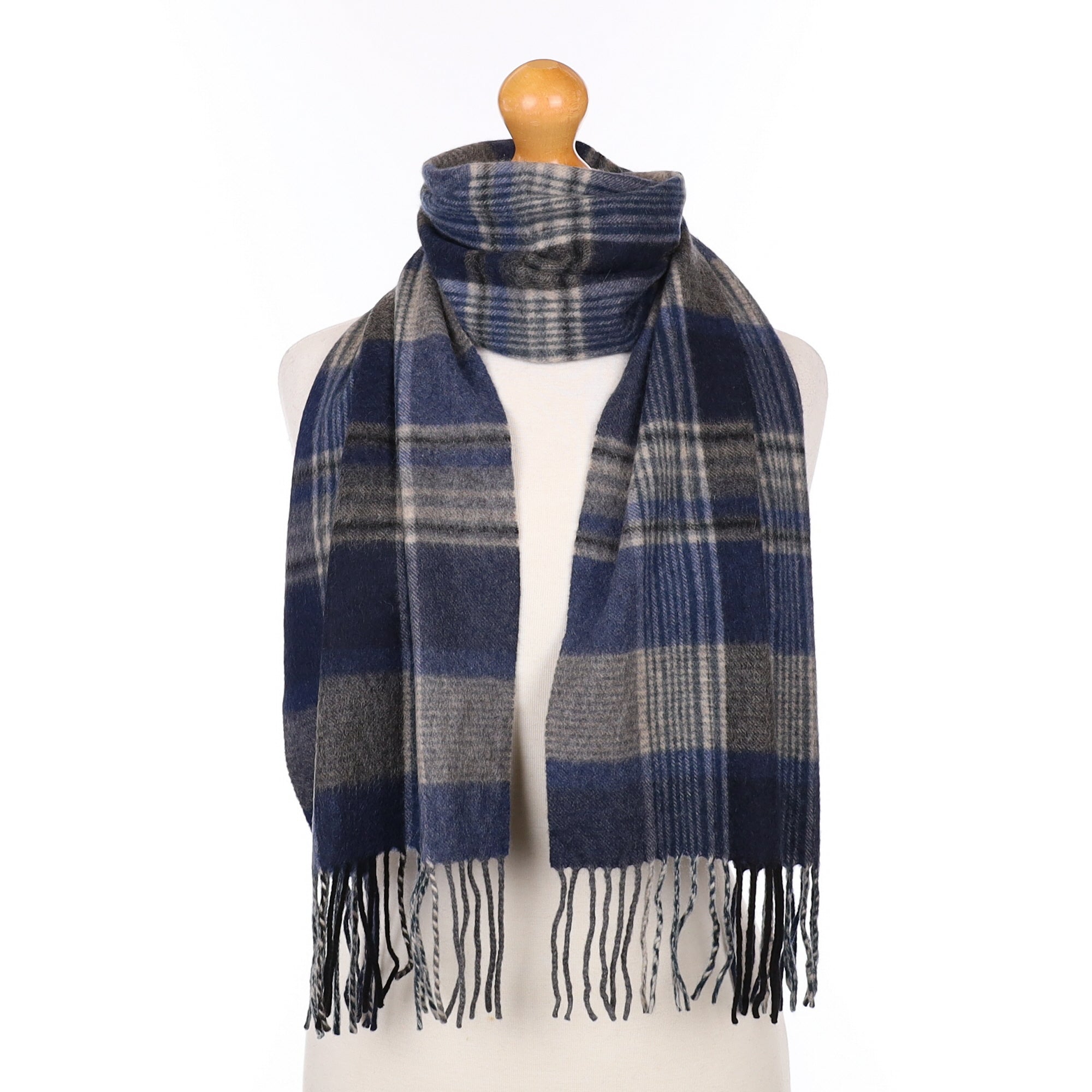 Grey and Blue Plaid Cashmere Woven Scarf
