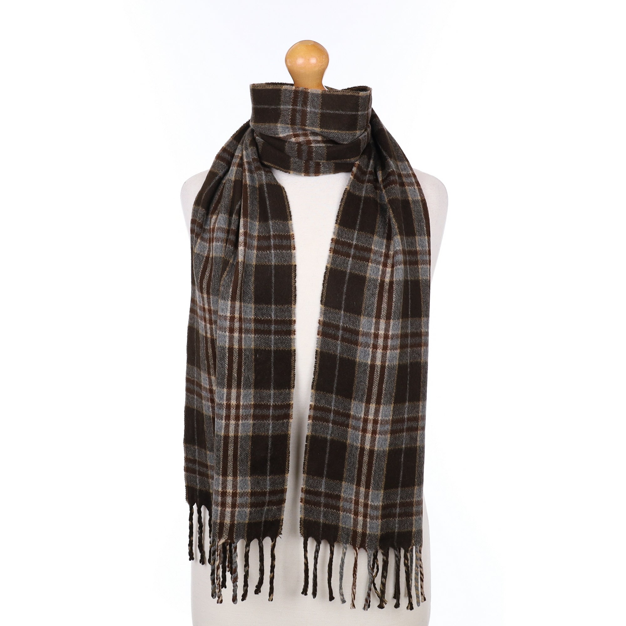 Brown Black and Grey Plaid Cashmere Woven Scarf