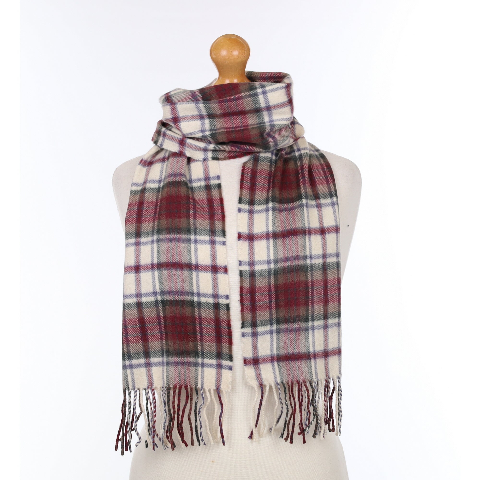 Wine and Cream Checked Cashmere Woven Scarf