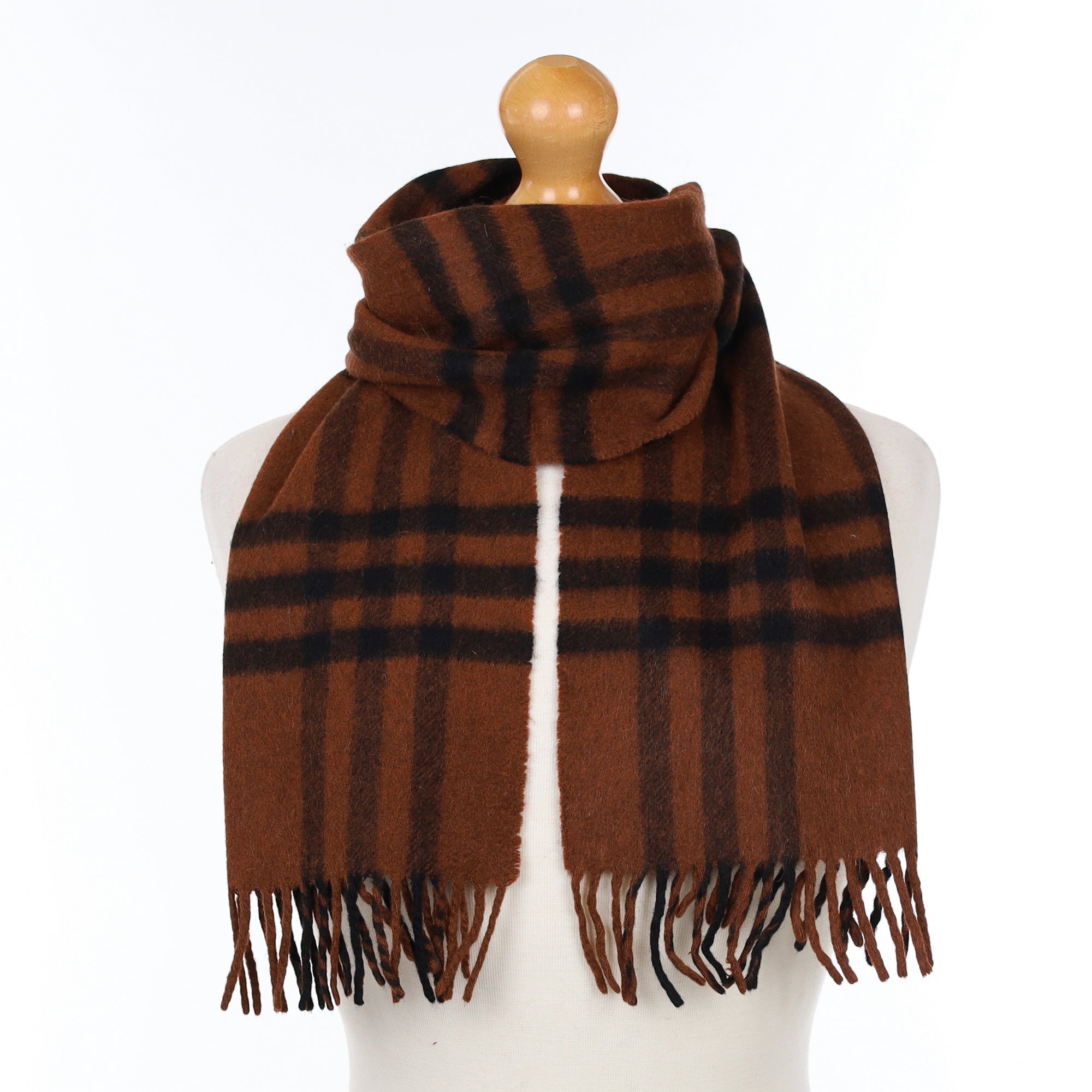 Chestnut Brown and Black Plaid Cashmere Woven Scarf