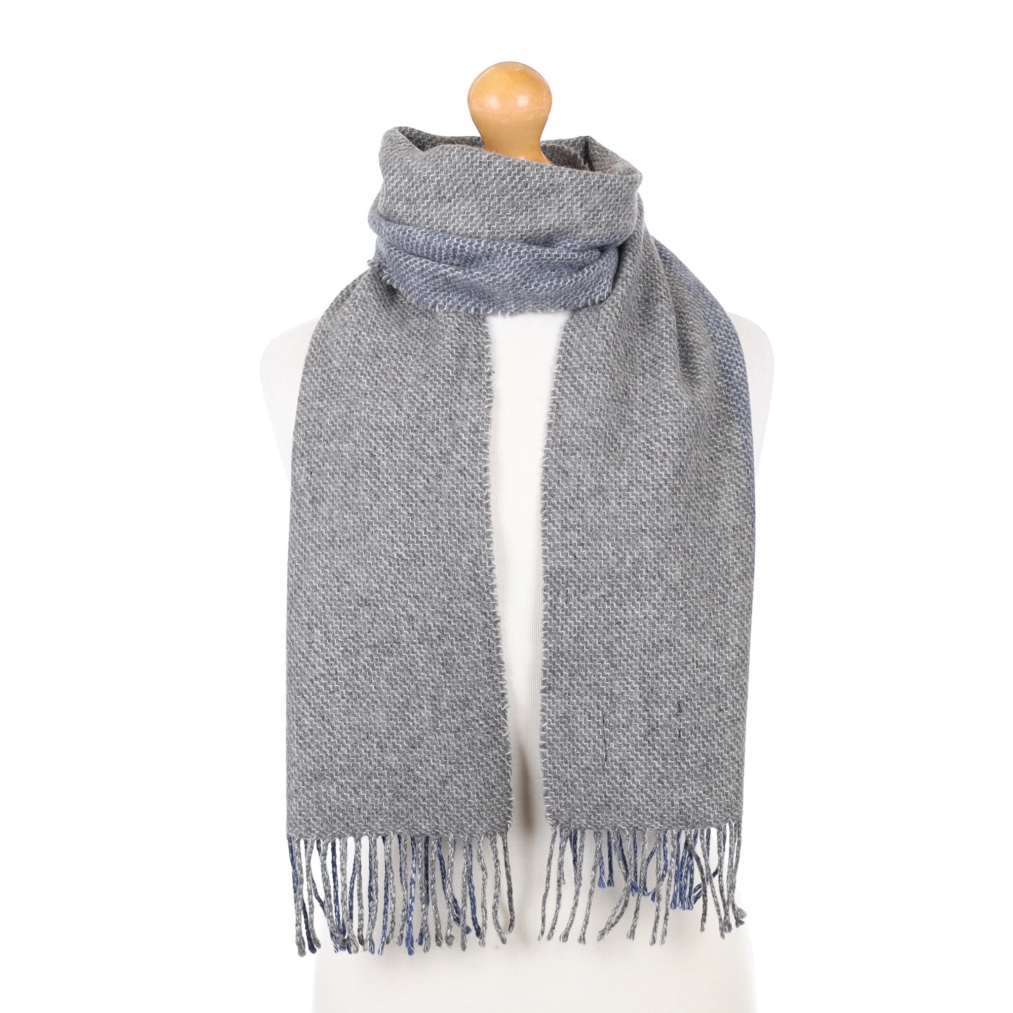 Grey and Blue Textured Cashmere Woven Scarf