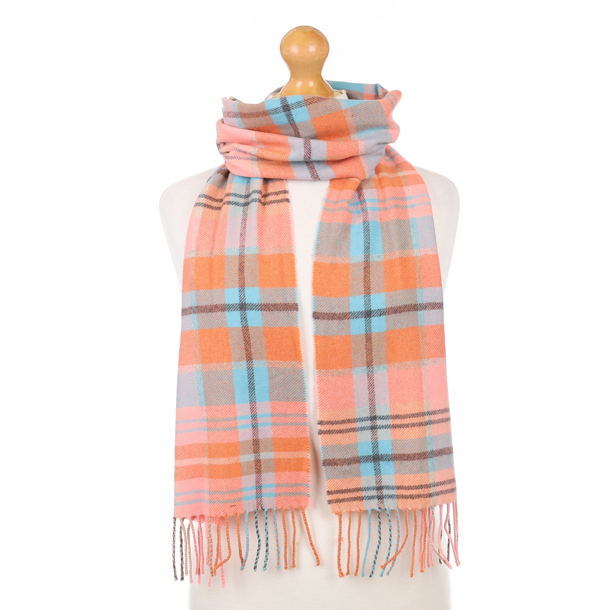 Orange Pink and Blue Checked Cashmere Woven Scarf