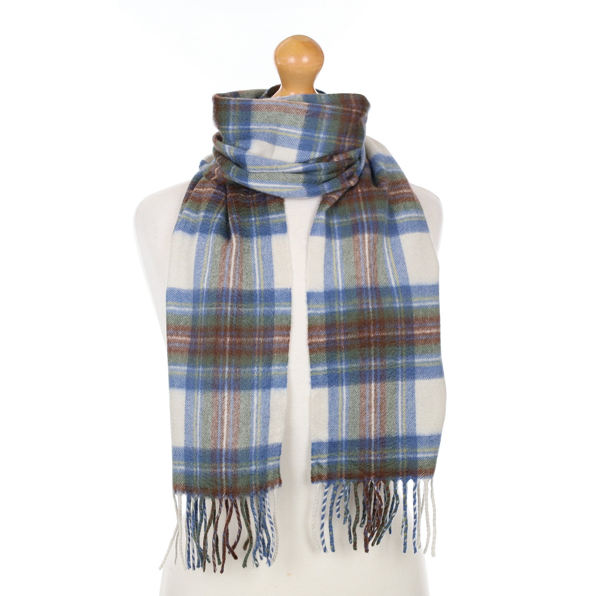 Cream Brown and Blue Checked Cashmere Woven Scarf