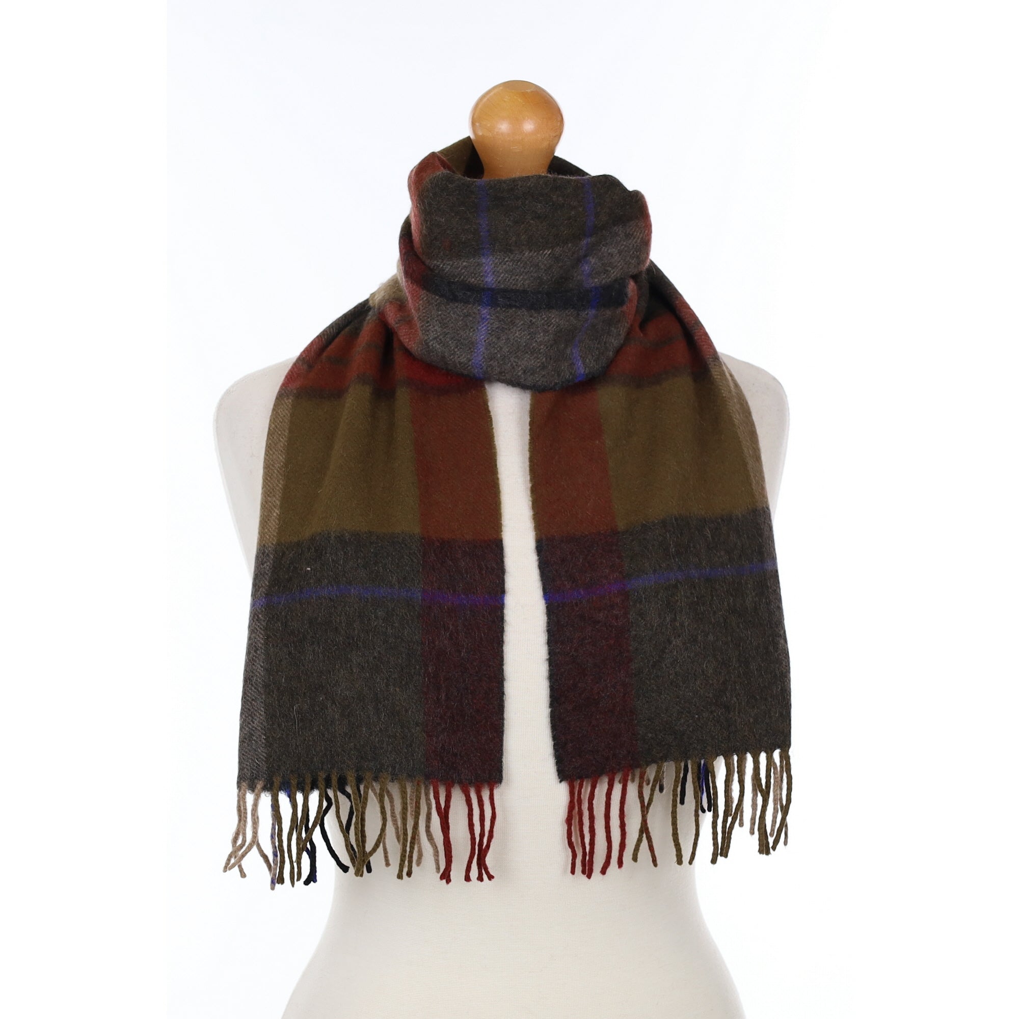 Blue and Moss Green Checked Cashmere Woven Scarf