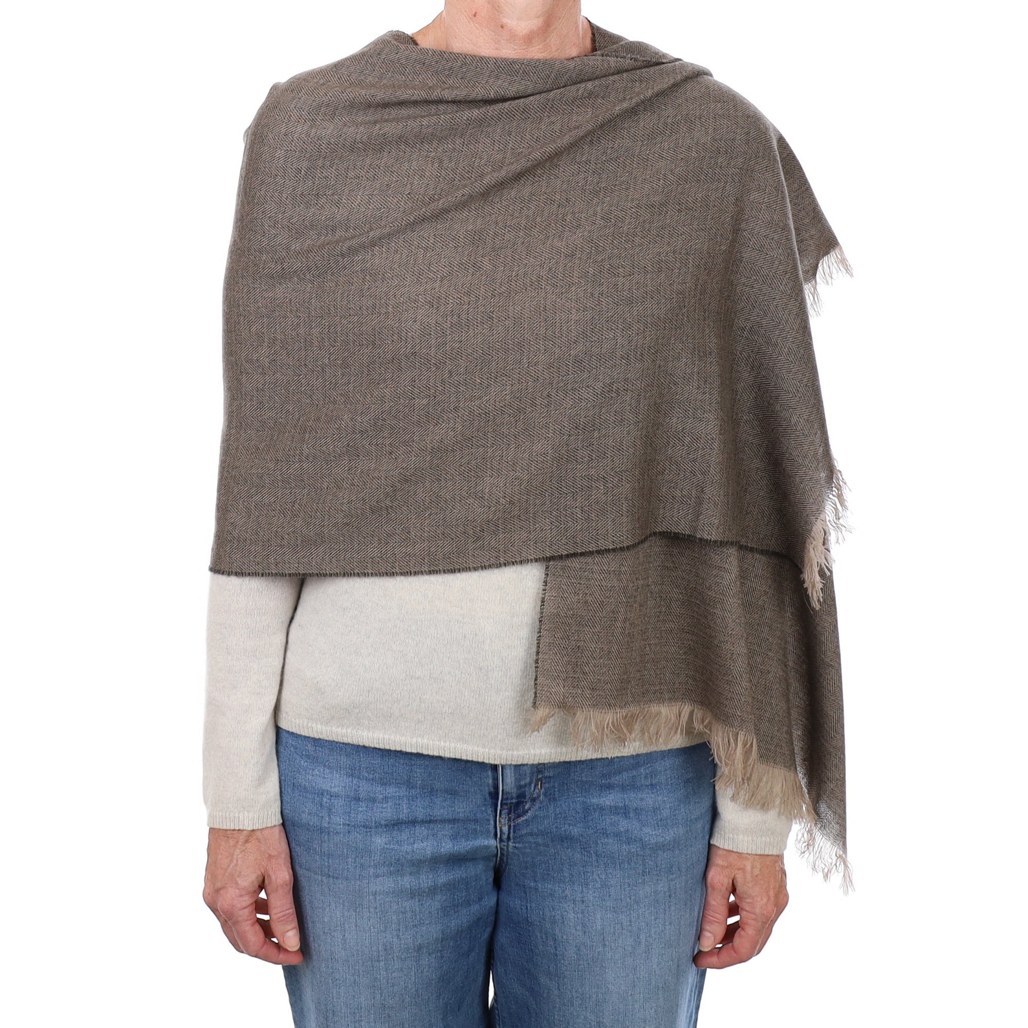 Brand New British Peppercorn & Fawn Herringbone Luxury Woven Cashmere Mini Wrap
