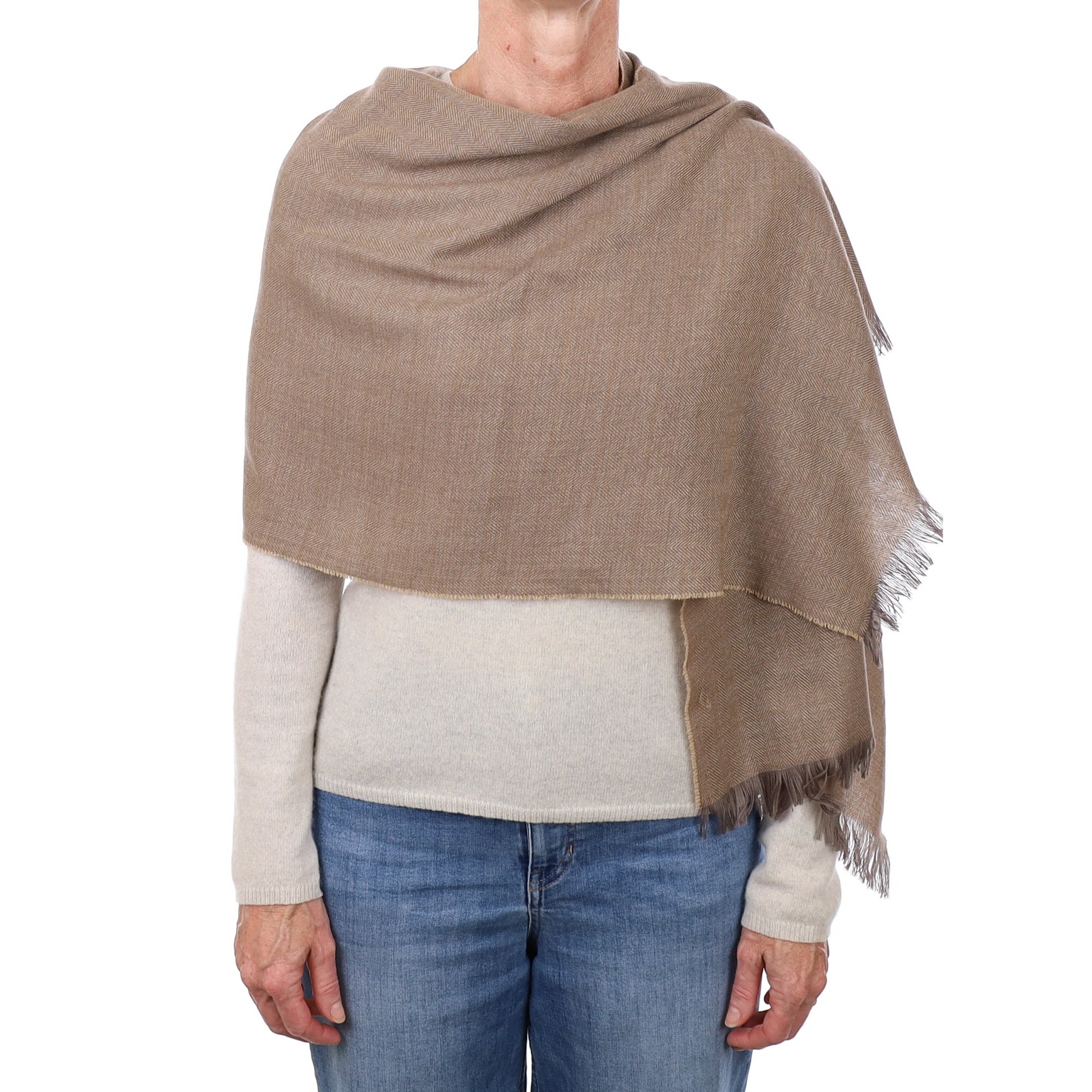 Brand New British Mocha & Camel Herringbone Luxury Woven Cashmere Mini Wrap