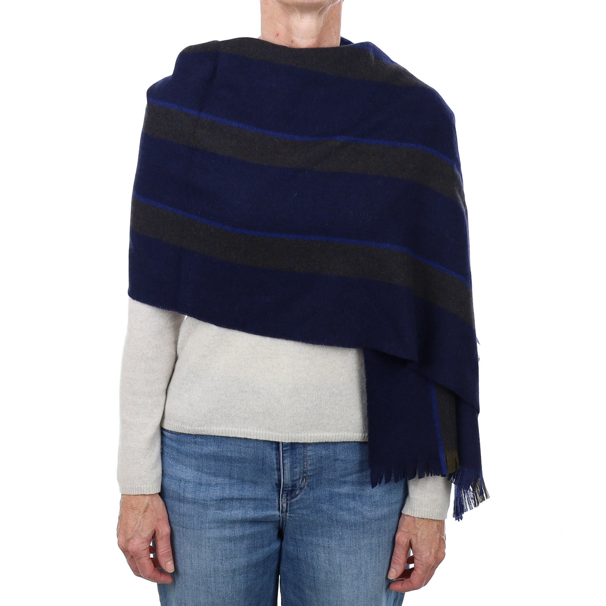 Brand New British Navy & Khaki Stripe Luxury Woven Cashmere Mini Wrap