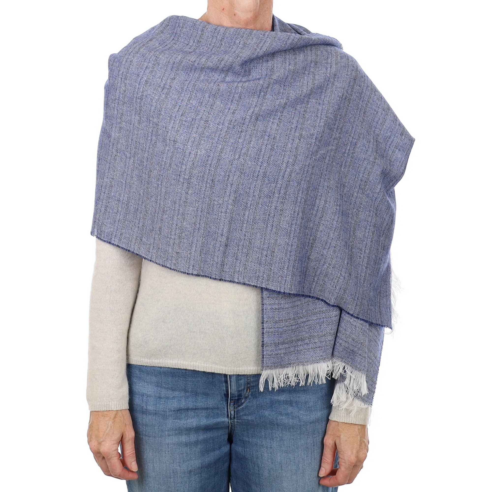 Brand New British Navy & Ivory Herringbone Luxury Woven Cashmere Mini Wrap