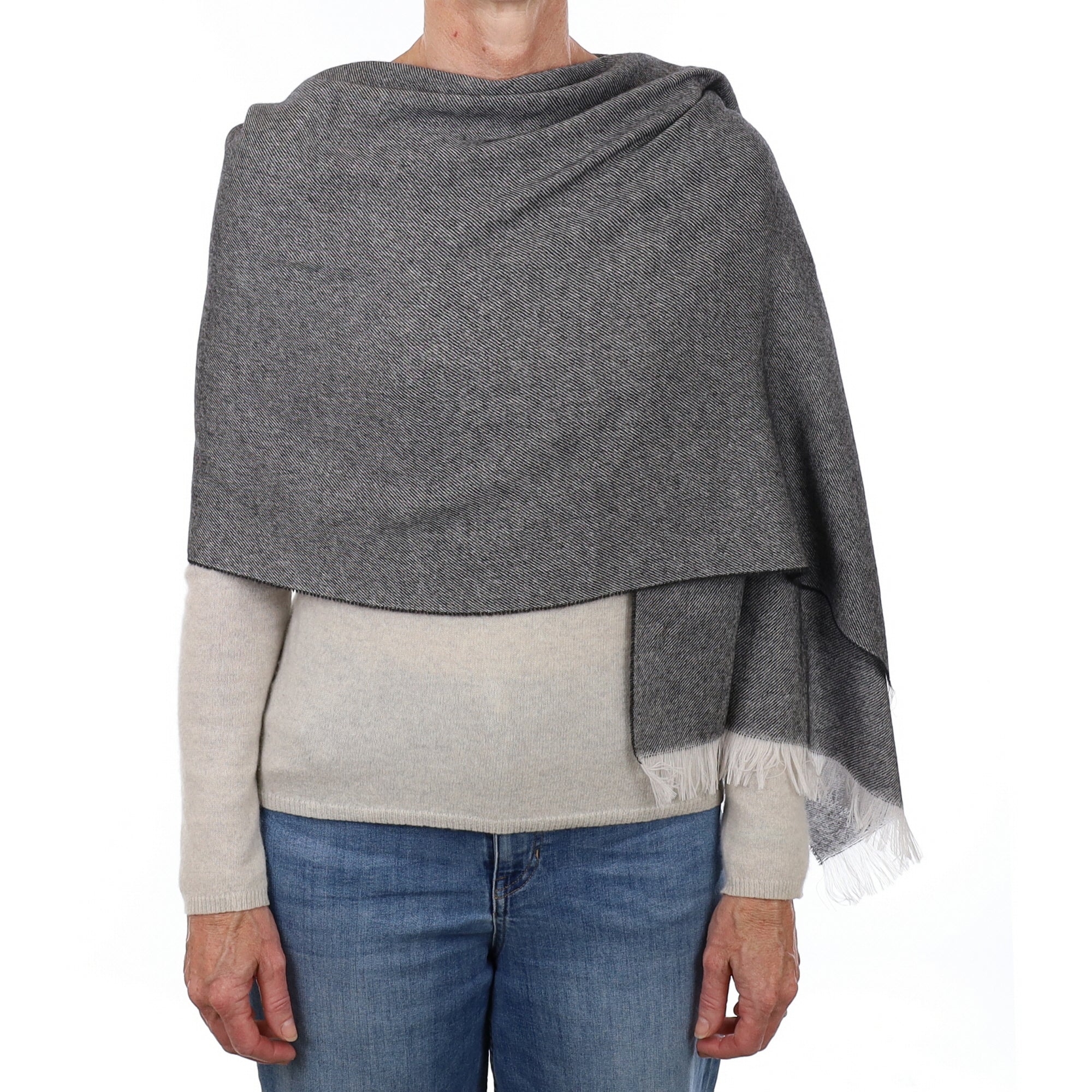 Brand New British Graphite & Ivory Luxury Woven Cashmere Mini Wrap