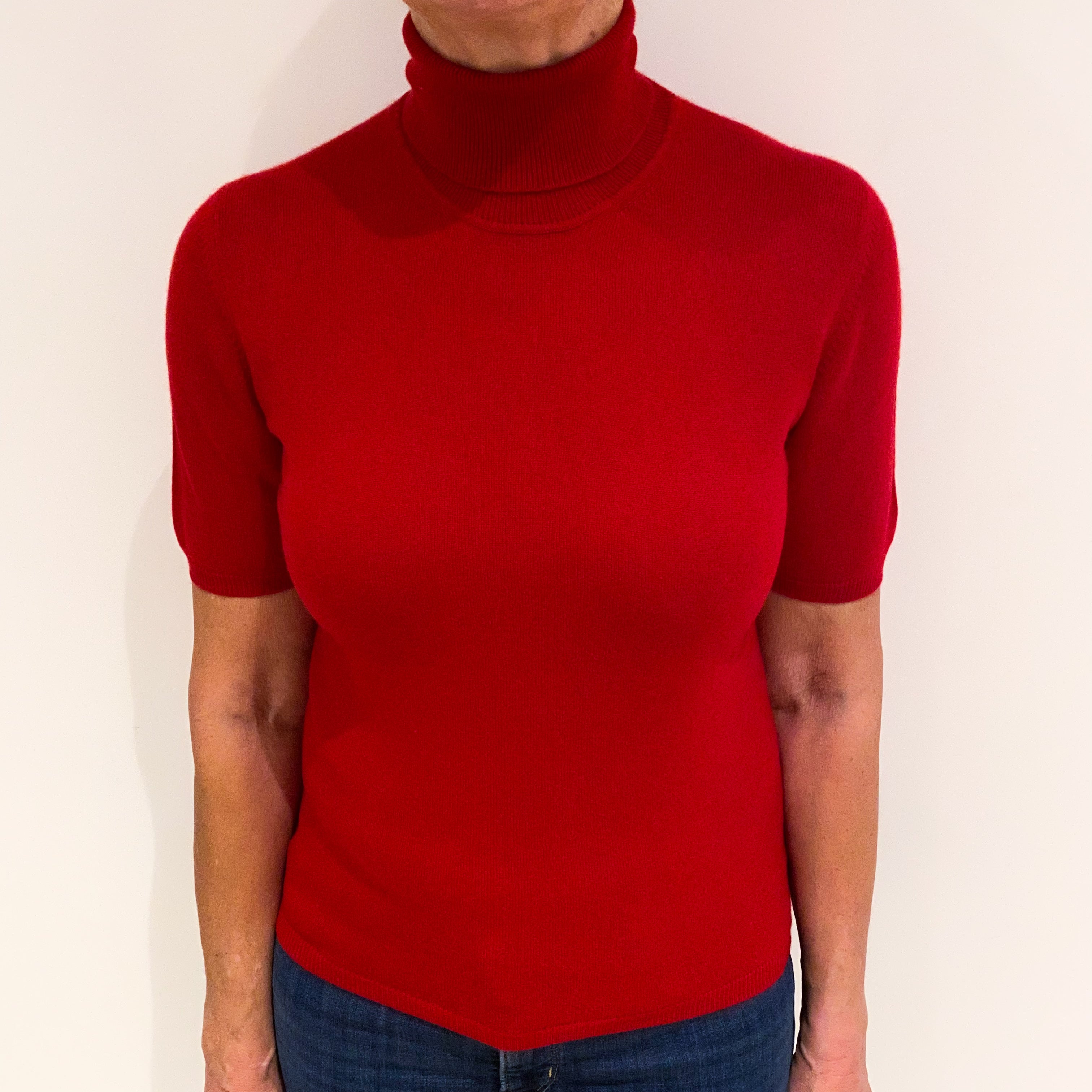 Scarlet Red Cashmere Short Sleeved Polo Neck Jumper Medium