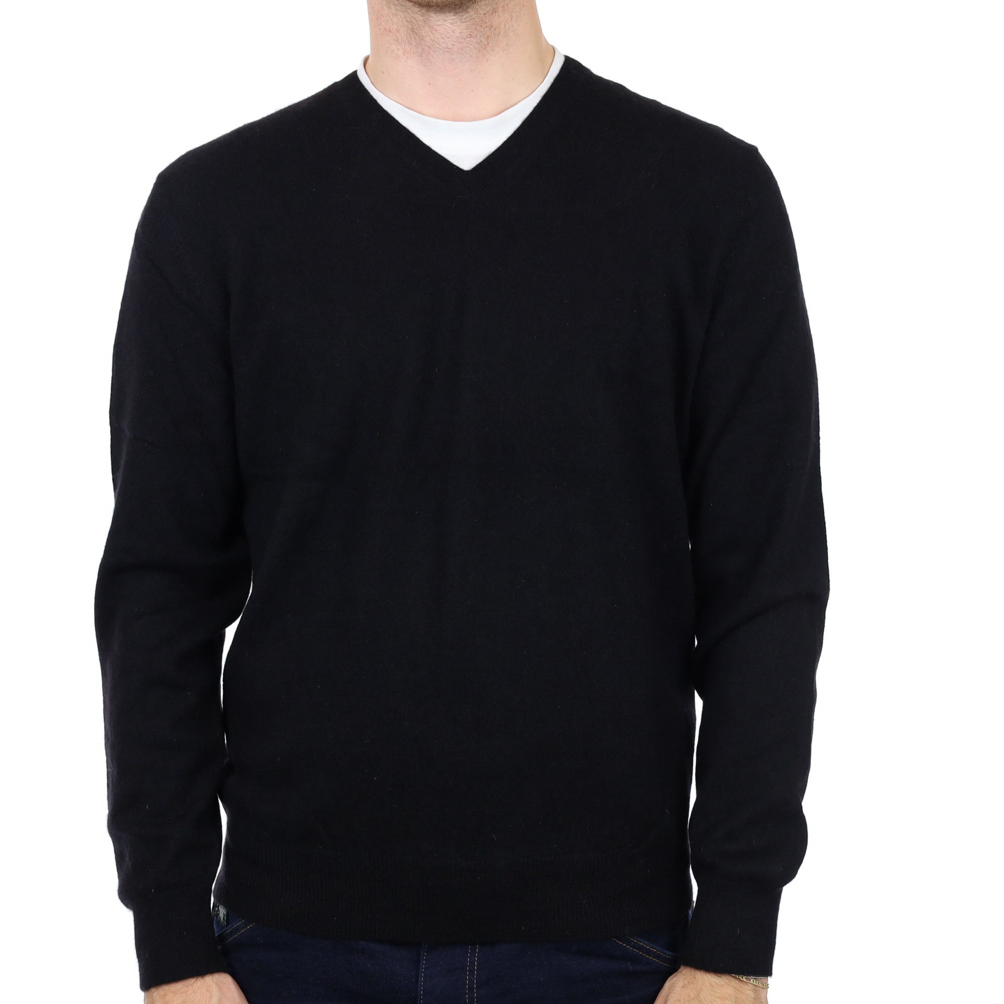 Men's Black Cashmere V Neck Jumper Medium
