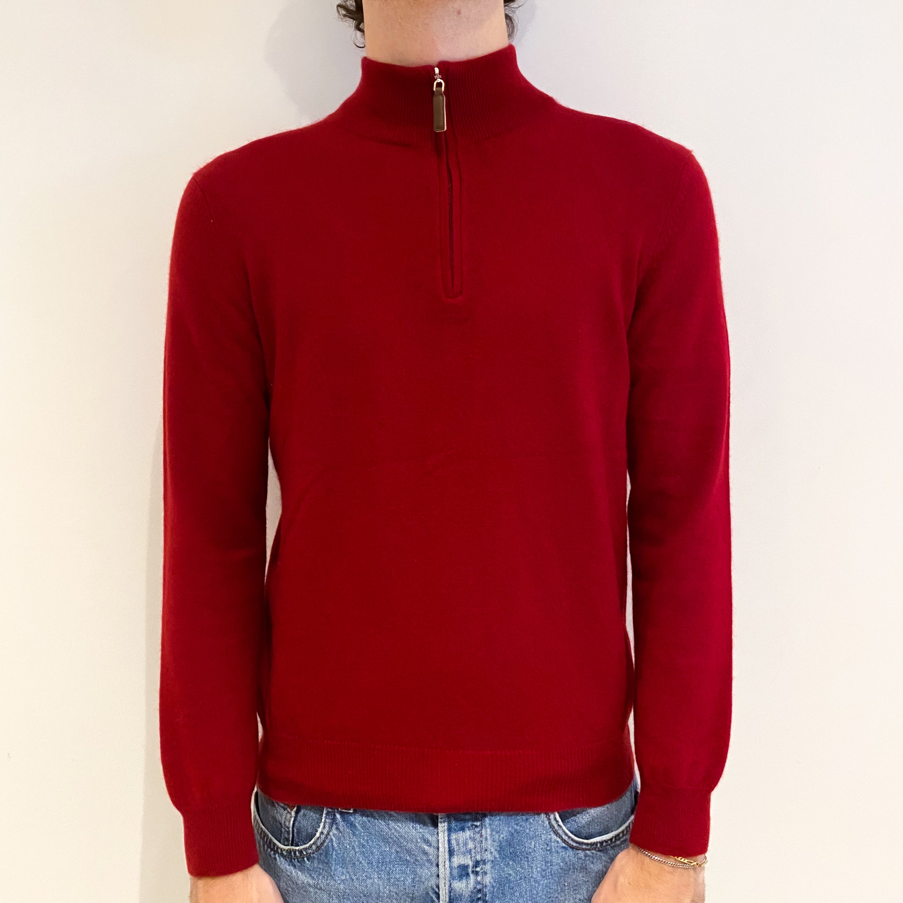 Men's Crimson Red Cashmere 1/4 Zip Jumper Medium
