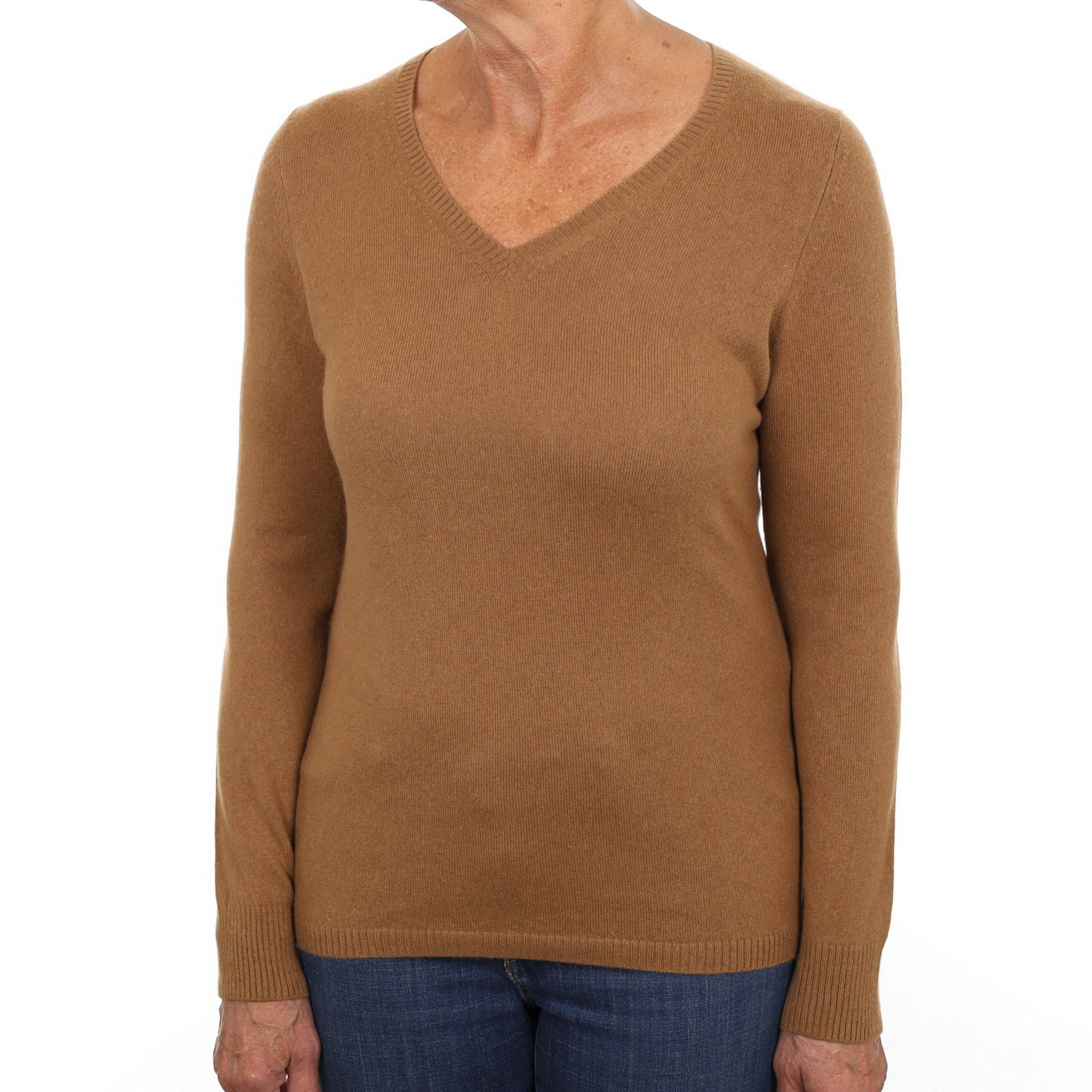 Cinnamon Brown Cashmere V Neck Jumper Medium