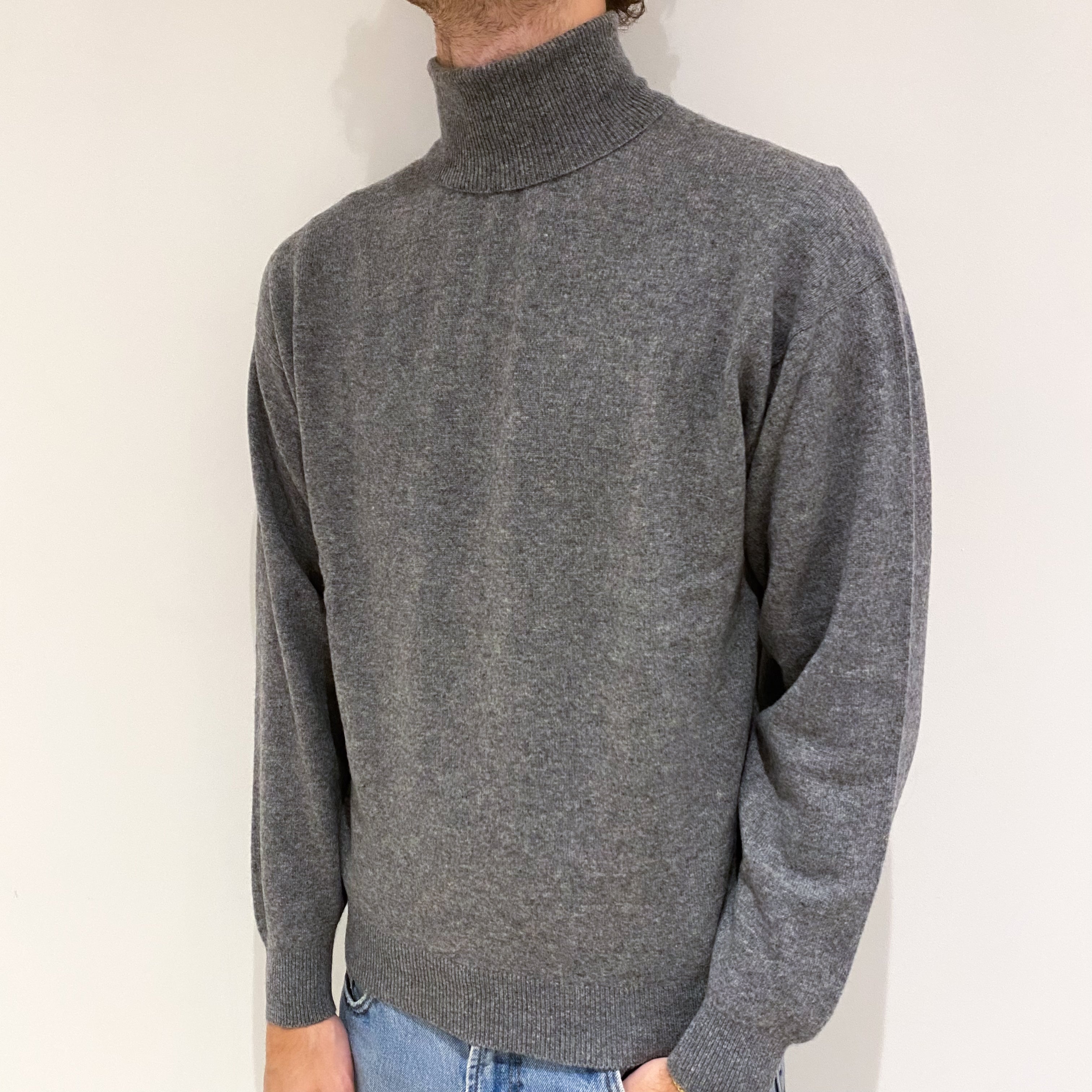 Men's Ash Grey Cashmere Polo Neck Jumper Large