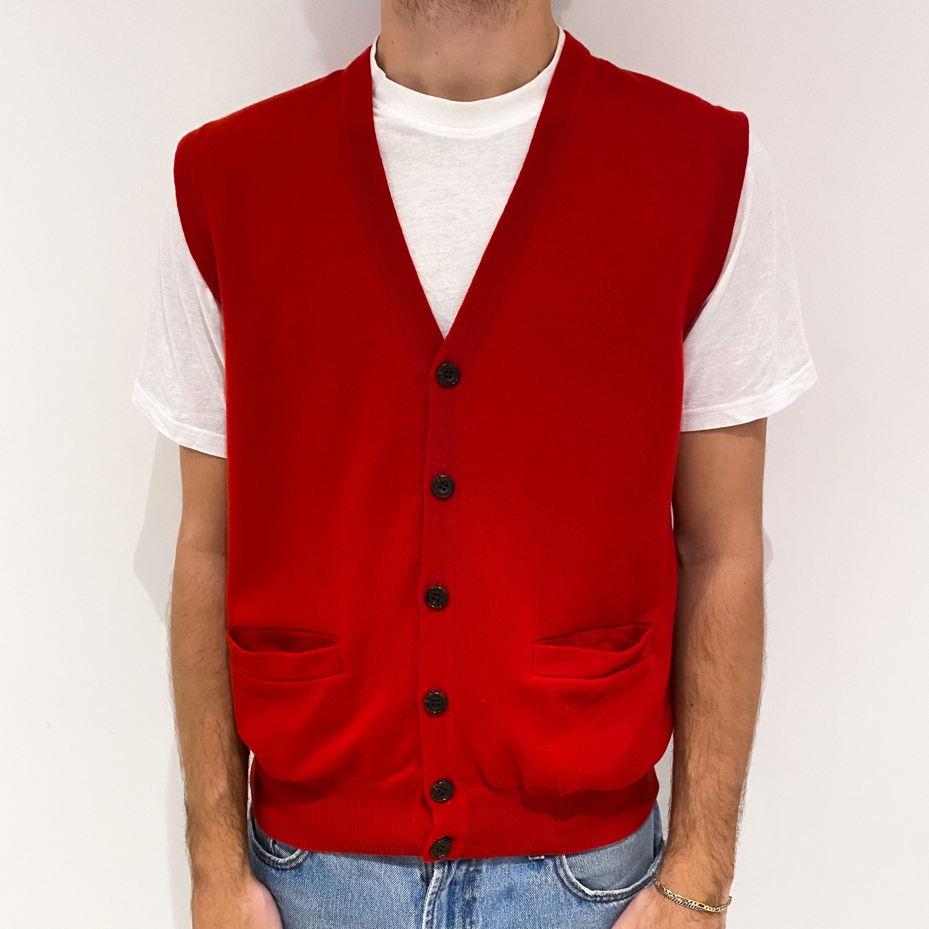 Men's Scarlet Red Cashmere V-Neck Gilet with Pockets Large