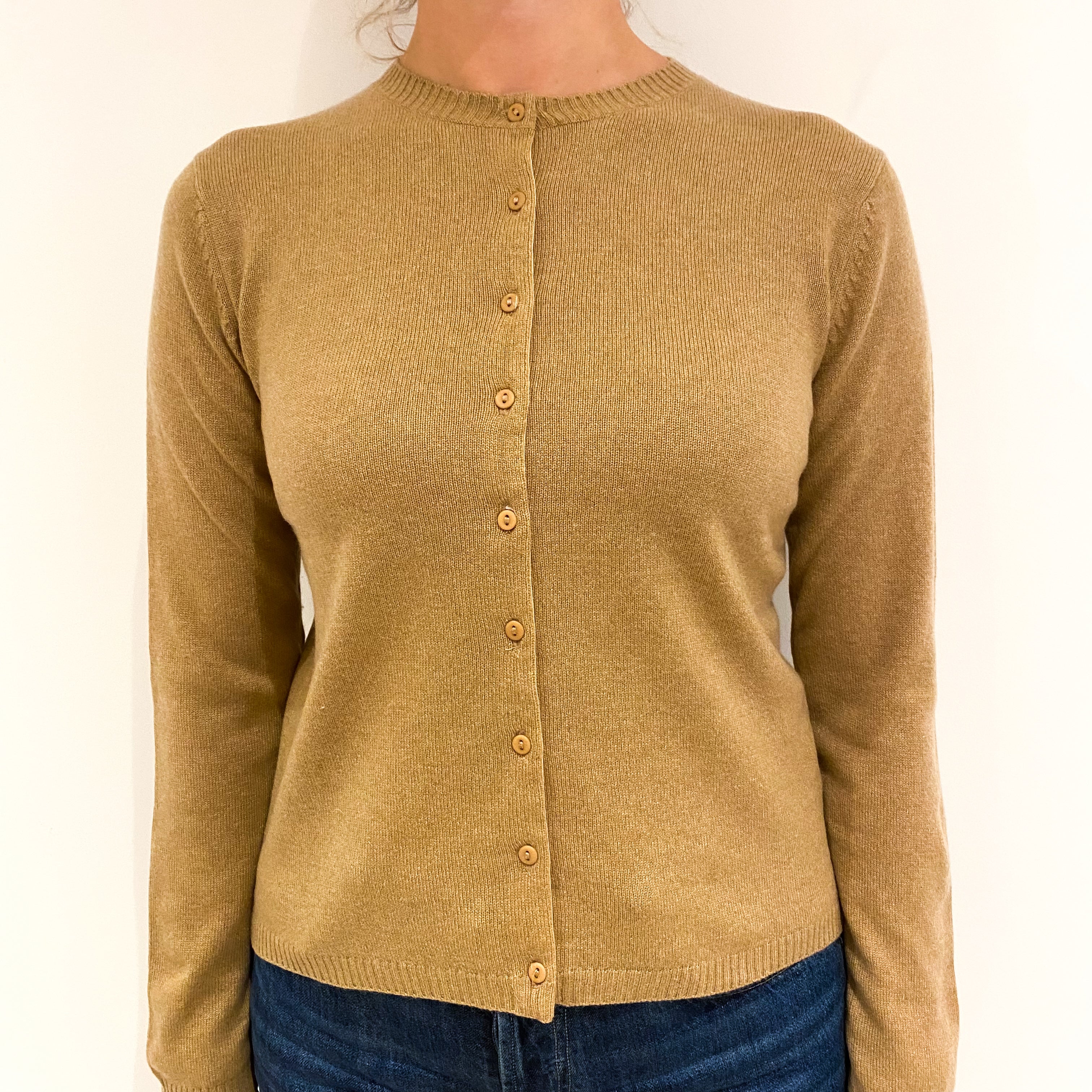 Camel Brown Cashmere Crew Neck Cardigan Small