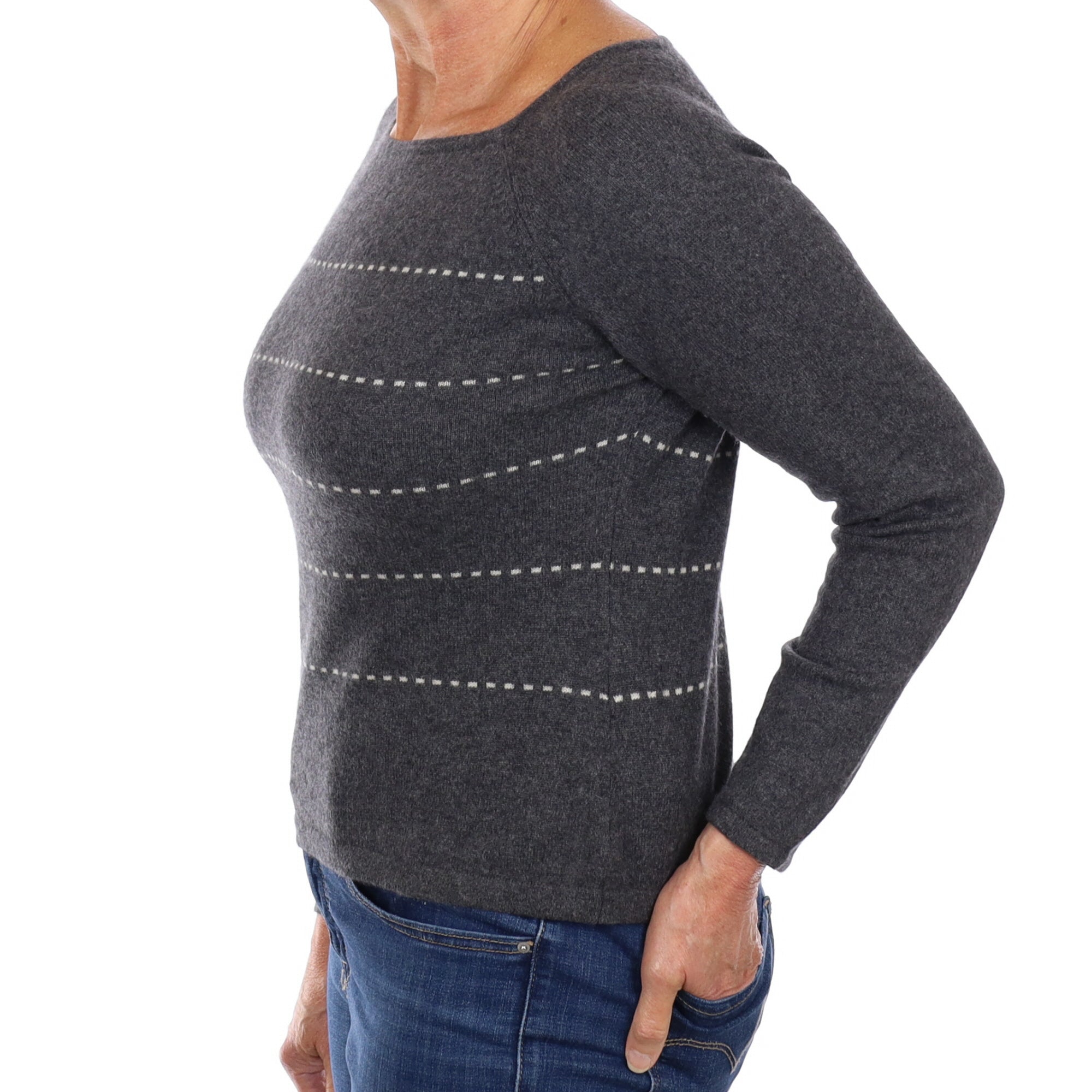 Slate Grey Stripe Cashmere Square Neck Jumper Medium