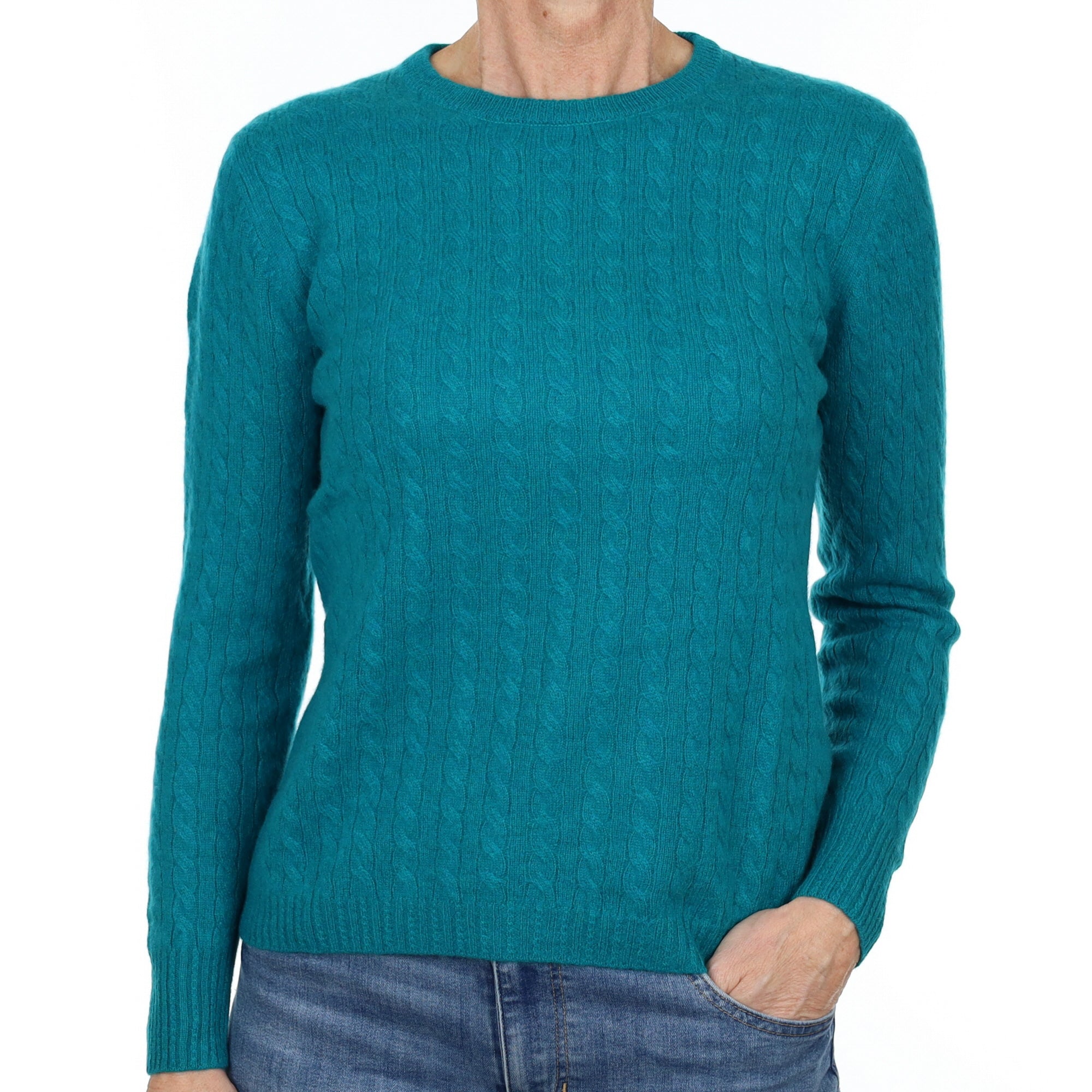 Deep Turquoise Cable Cashmere Crew Neck Jumper Small