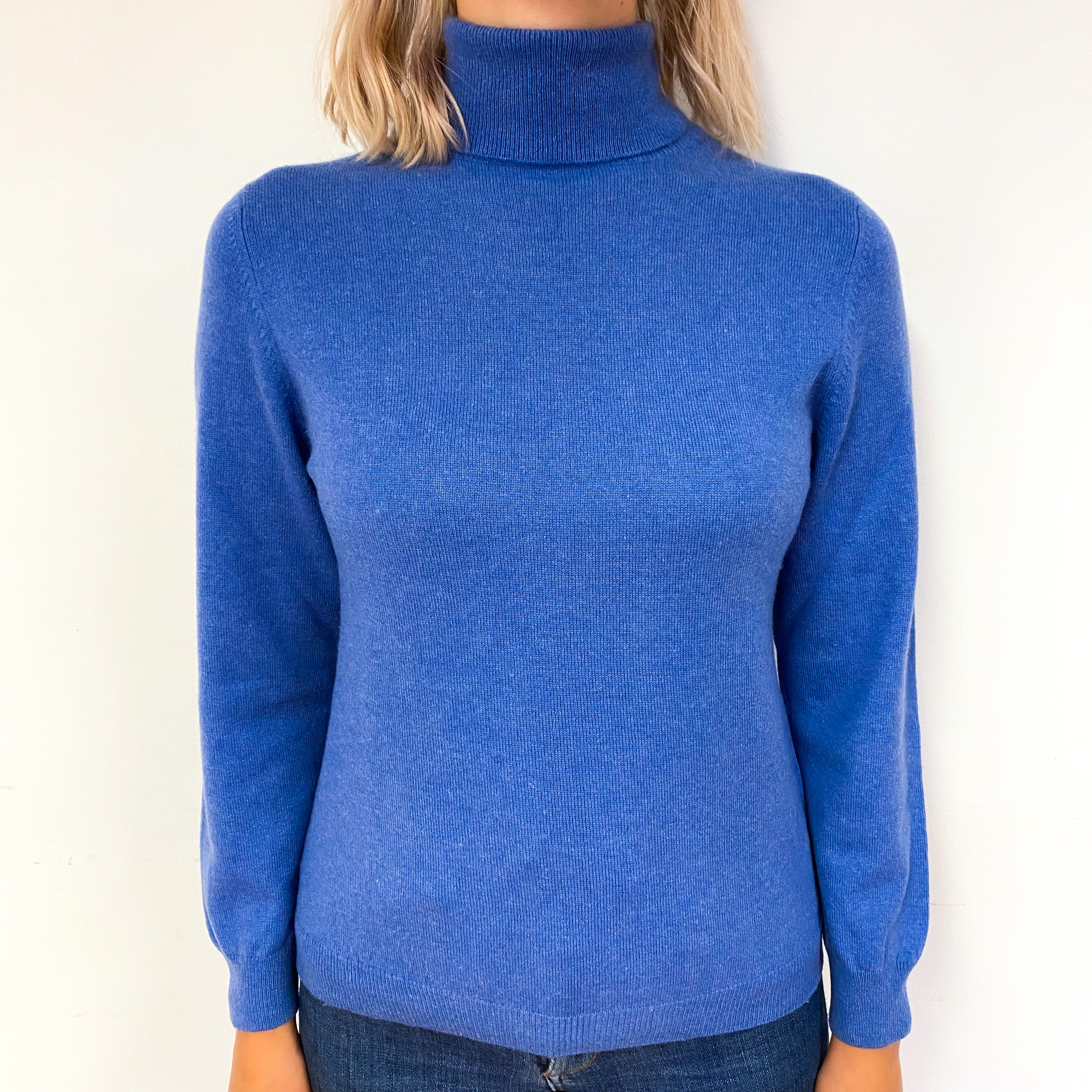 Tanzanite Blue Cashmere Polo Neck Jumper Small