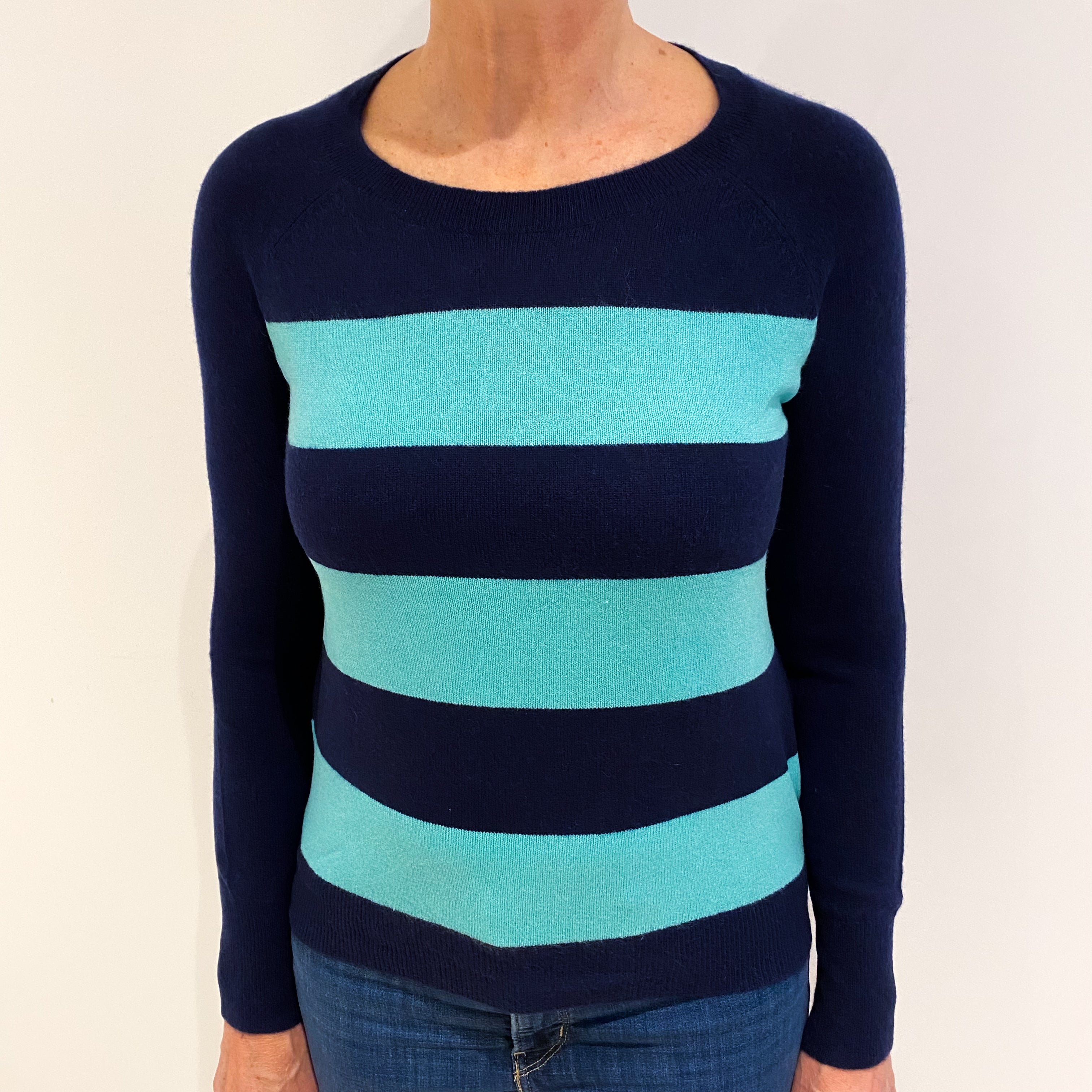 Navy and Mint Stripe Cashmere Crew Neck Jumper Medium