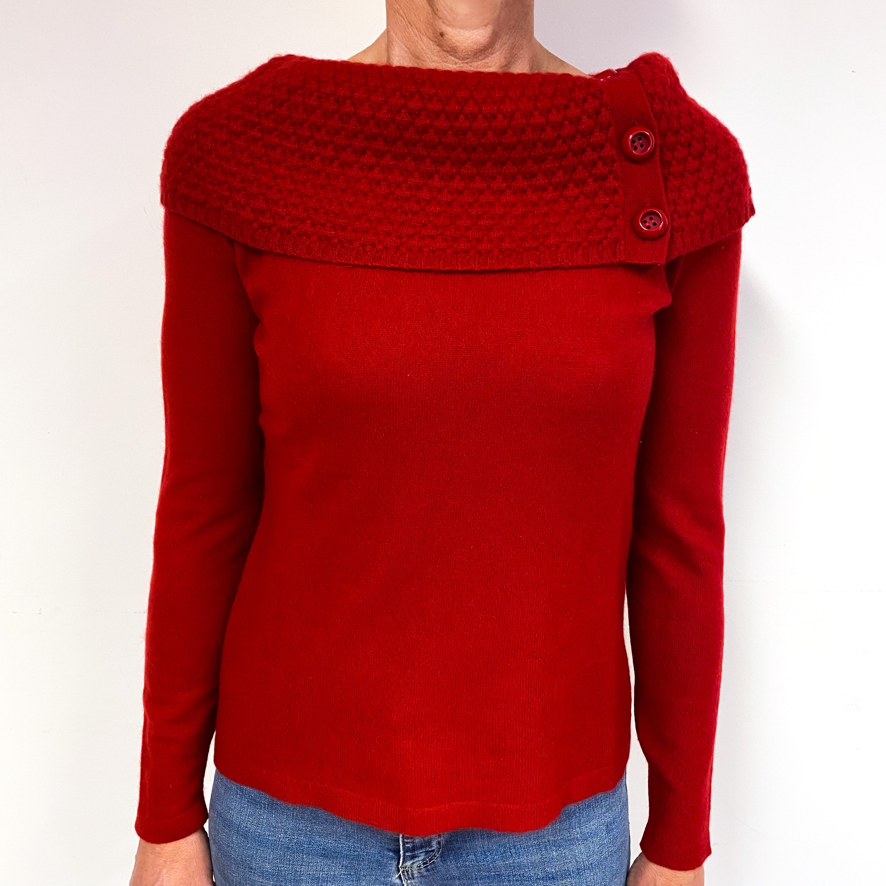 Post Box Red Cashmere Off Shoulder Jumper Medium