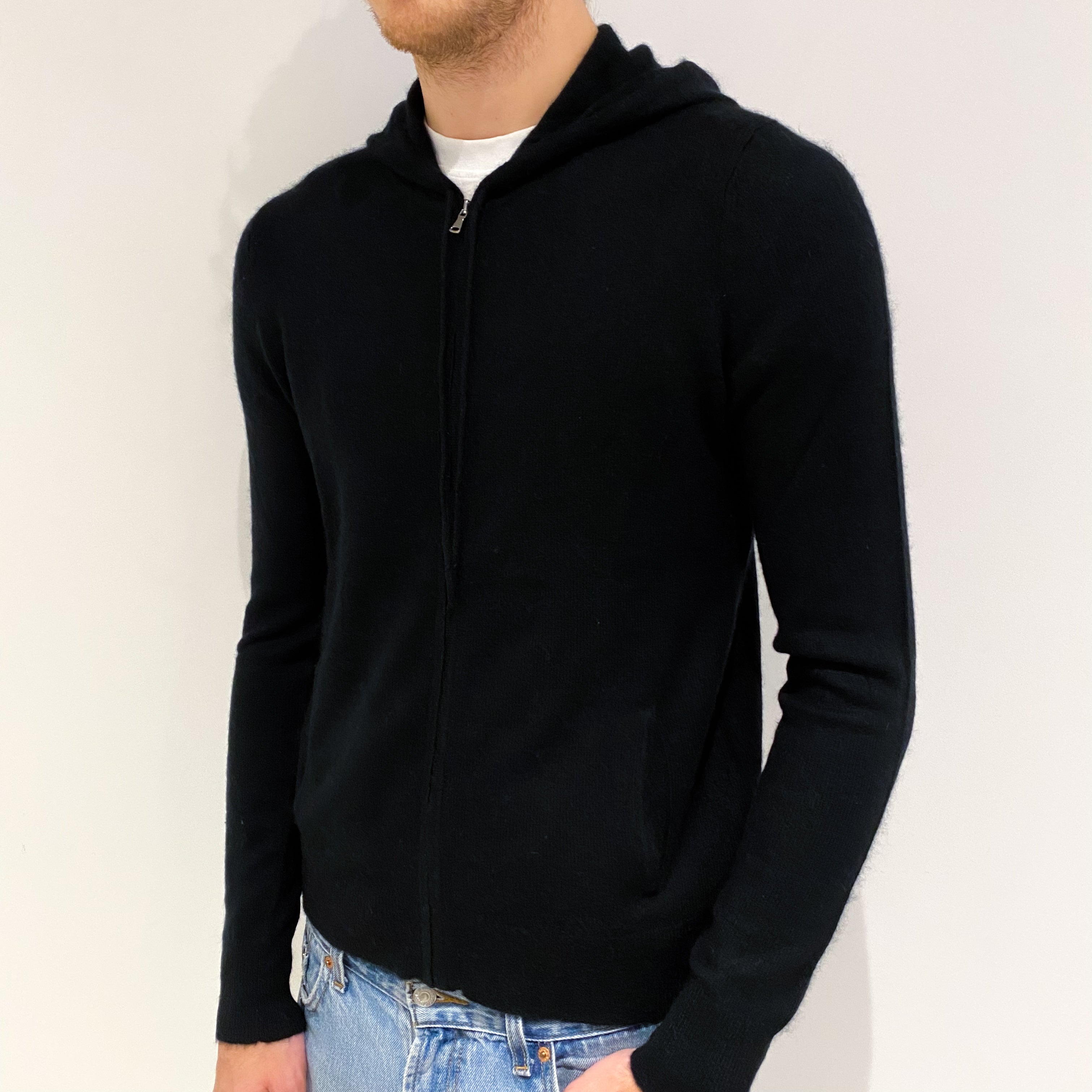Men's Black Cashmere Crew Neck Zip Up Hoodie Medium