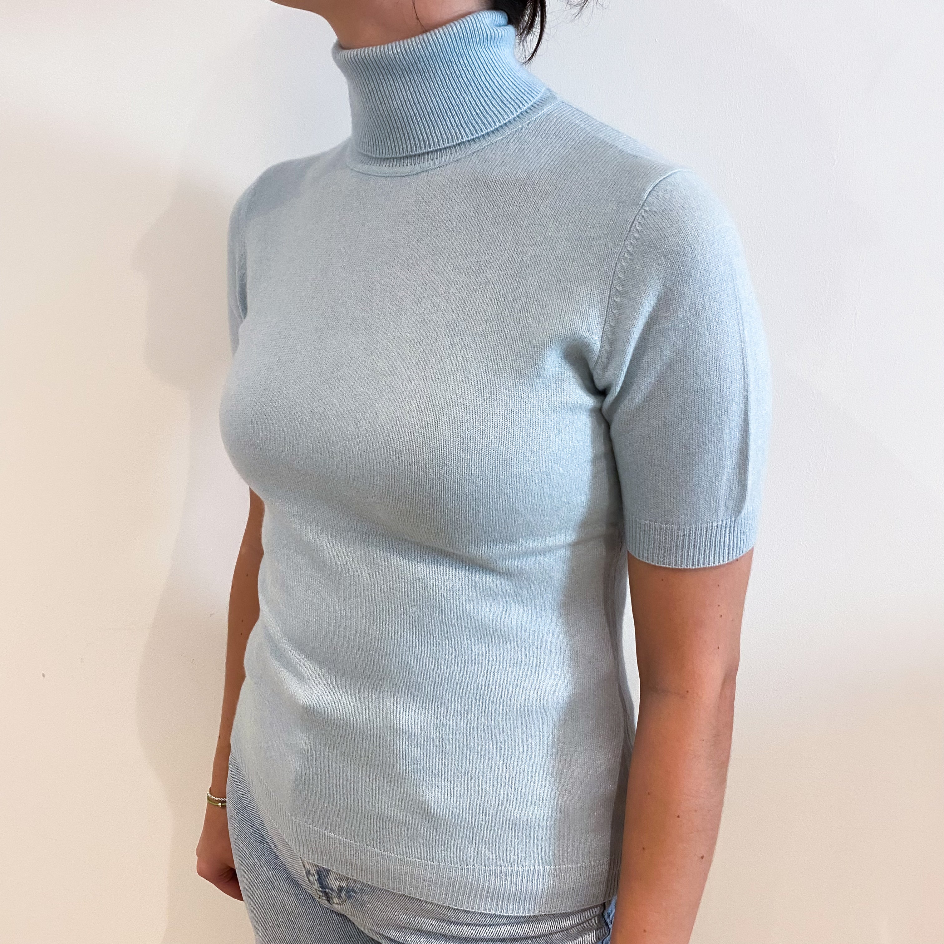 Opal Blue Cashmere Polo Neck Short Sleeved Jumper Small