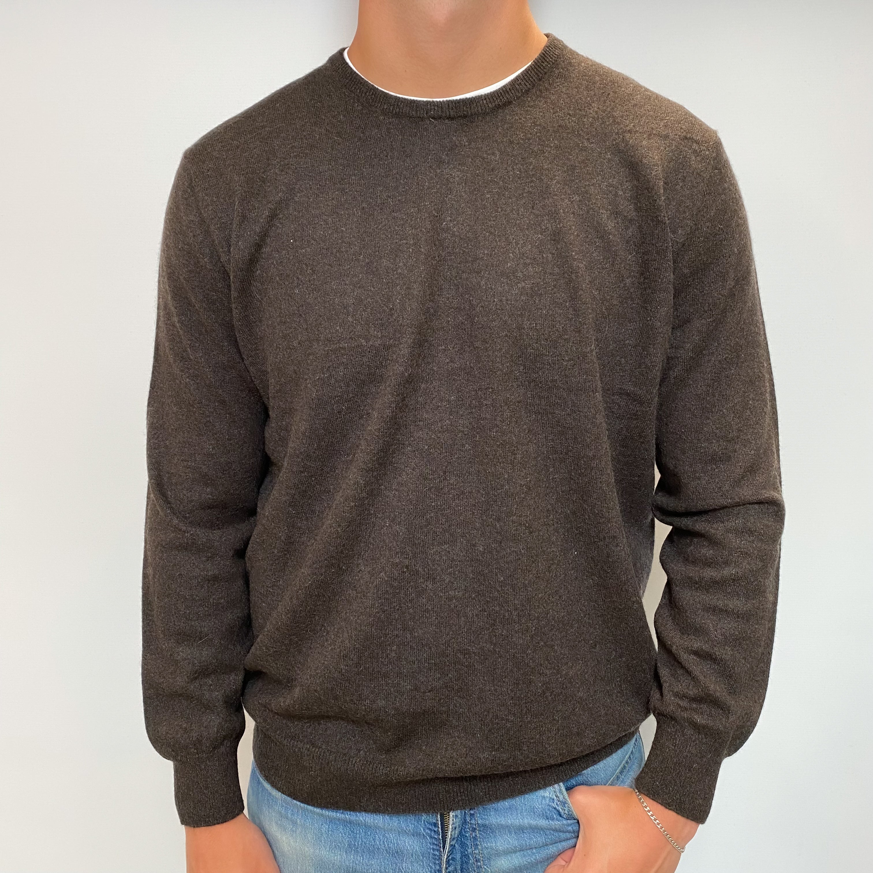 Men's Peppercorn Brown Cashmere Crew Neck Jumper XXL