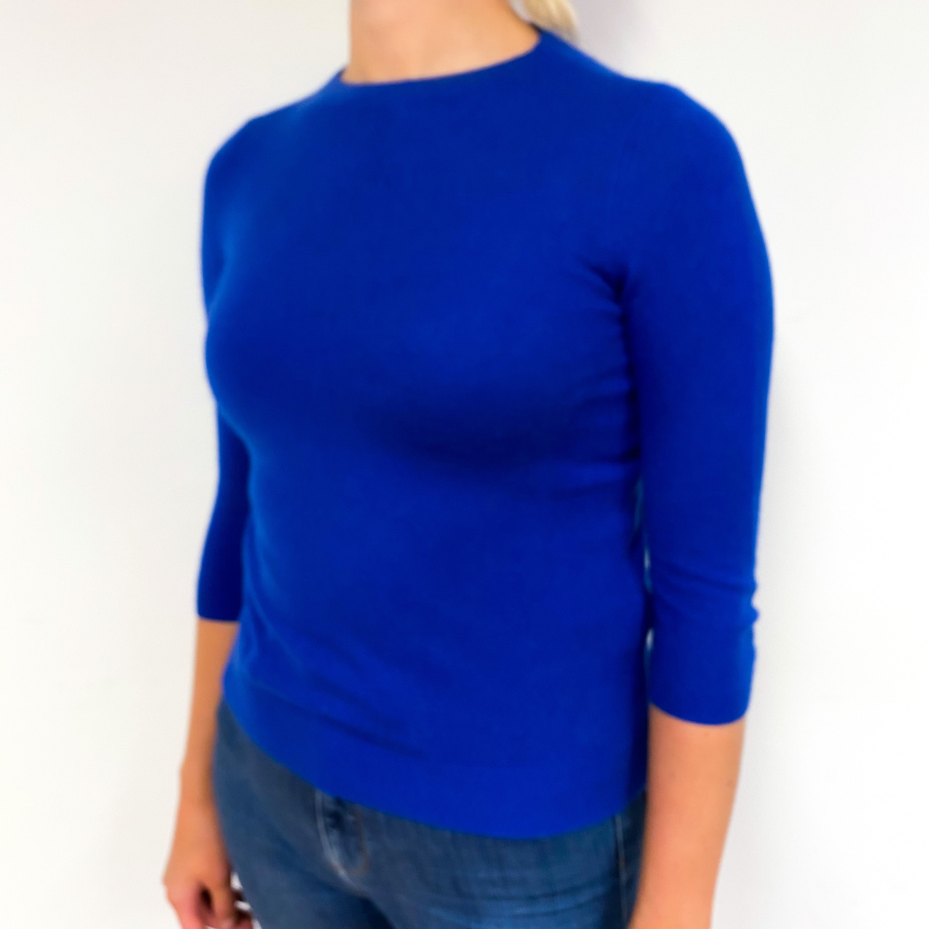 Azure Blue 3/4 Sleeve Cashmere Crew Neck Jumper Small