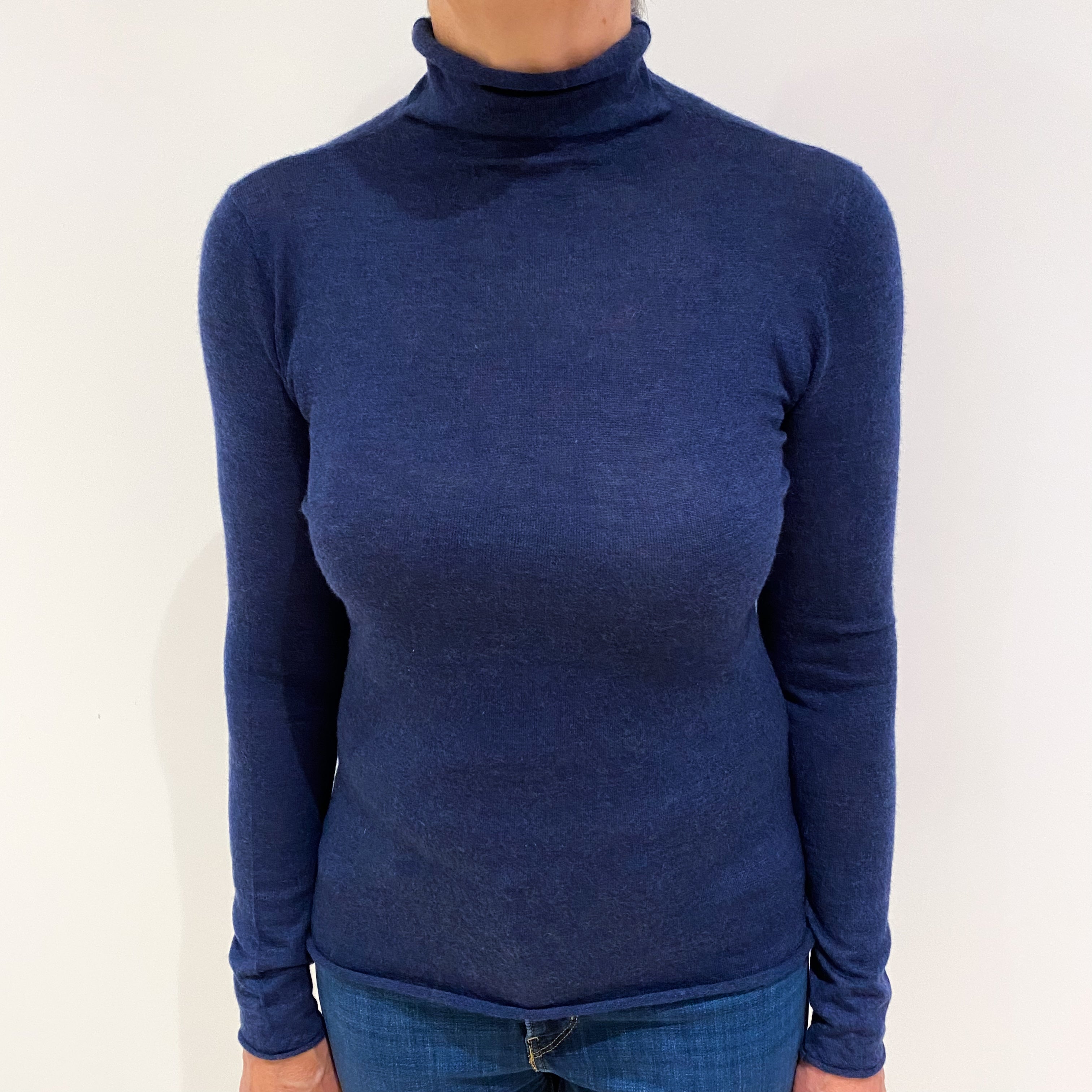 Denim Blue Lightweight Cashmere Polo Neck Jumper Medium