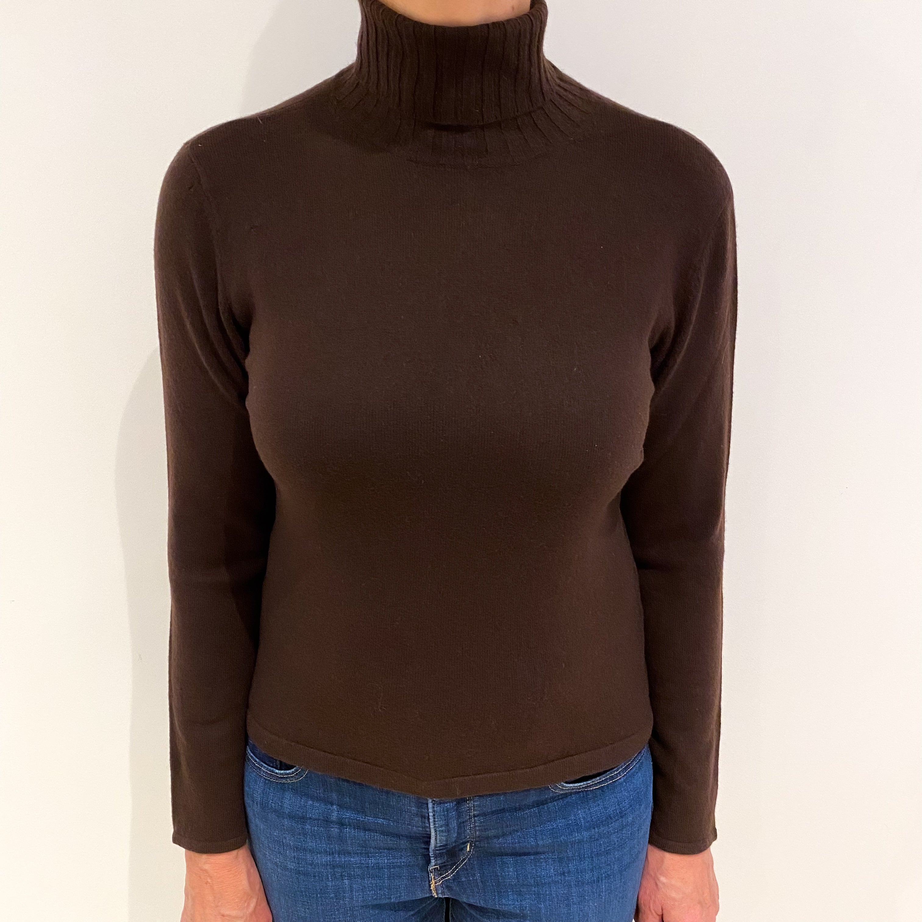 Dark Chocolate Brown Cashmere Polo Neck Jumper Medium