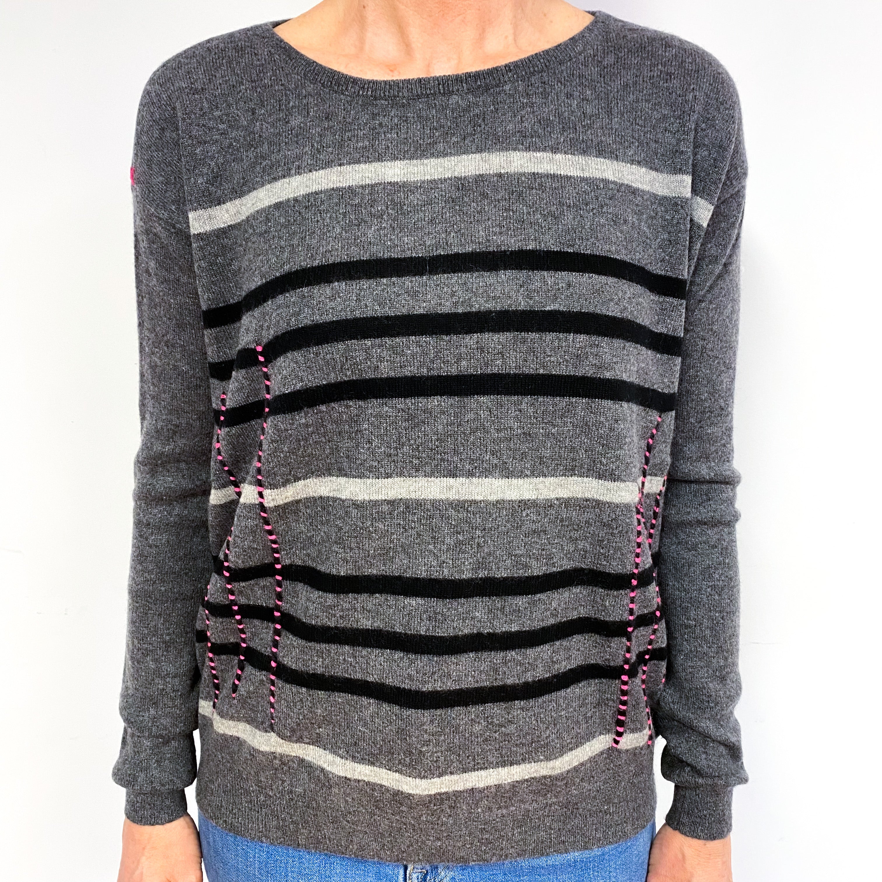 Slate Grey And Black Stripe Cashmere Crew Neck Jumper Medium