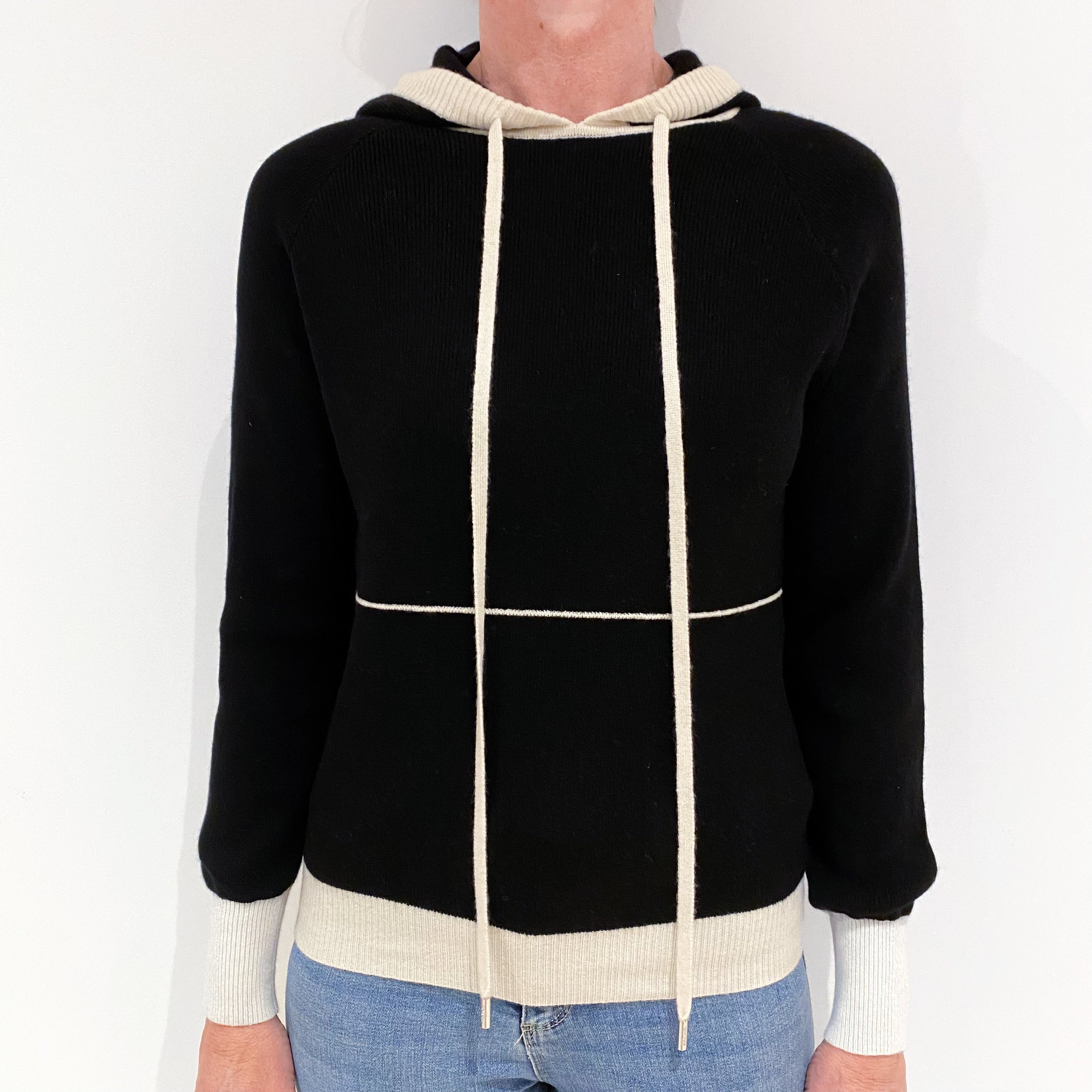 Max & Moi Black and Cream Cashmere Hoodie Jumper Small