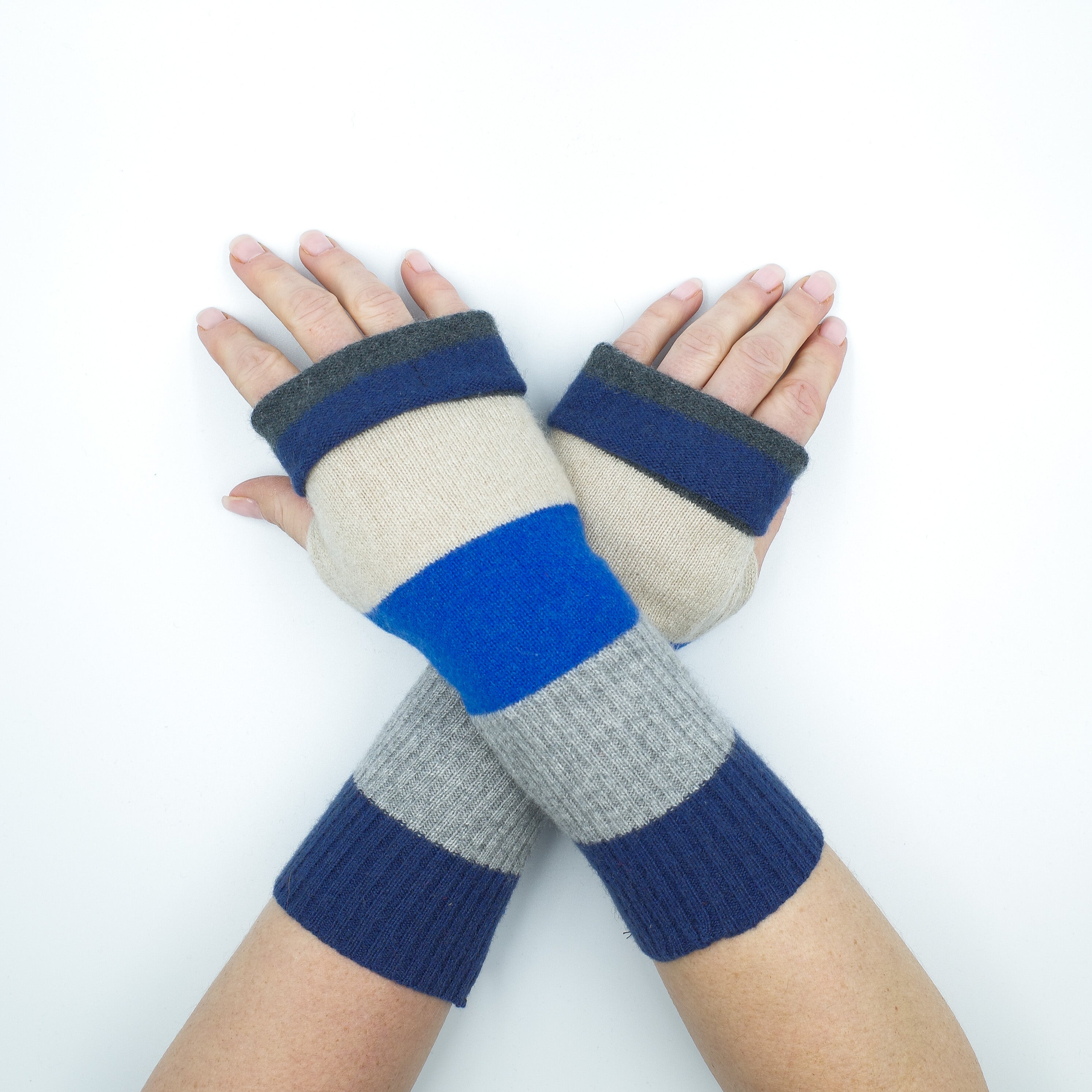 Grey and Blue Fingerless Gloves Striped