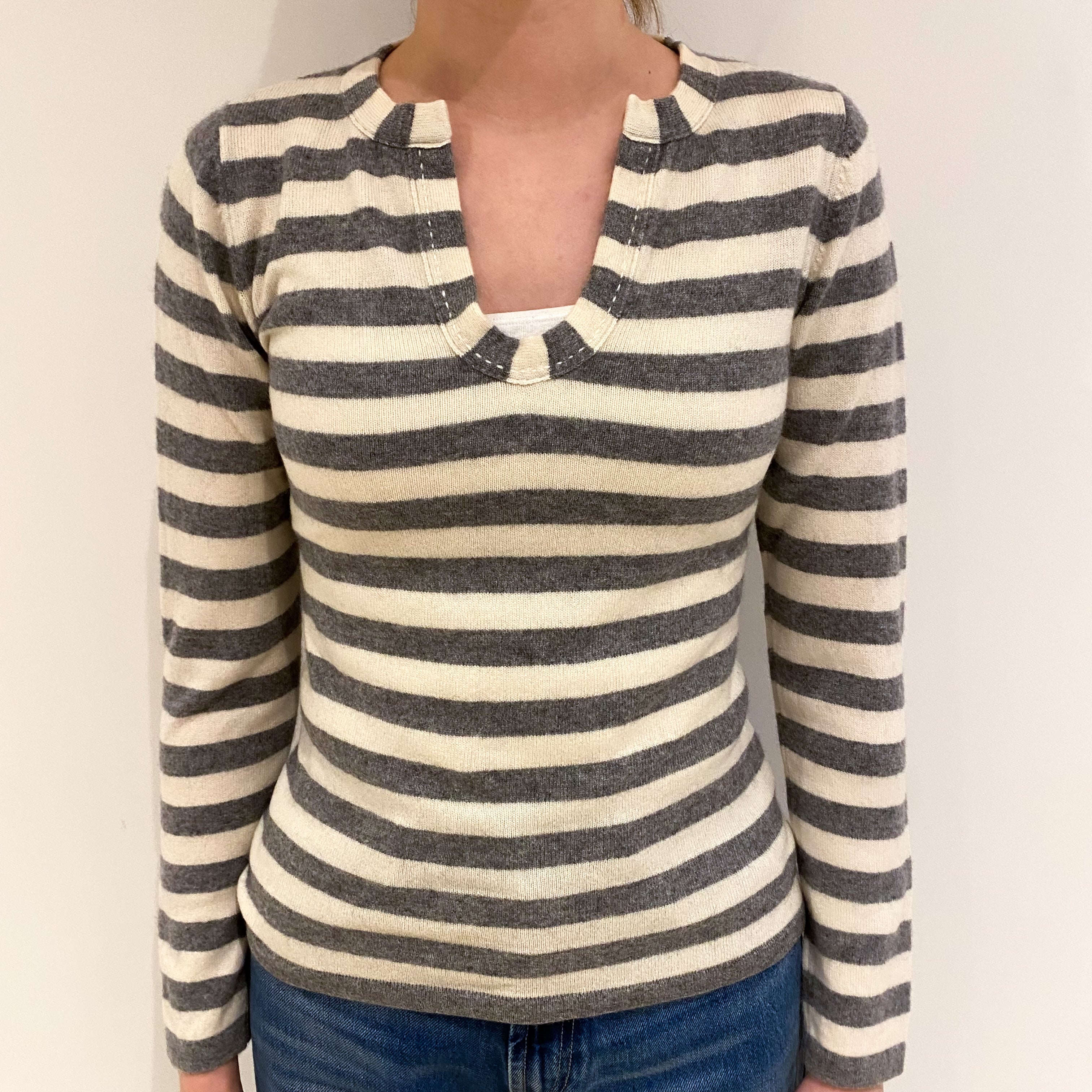 Grey and Cream Stripe Cashmere Notch Neck Jumper Extra Small