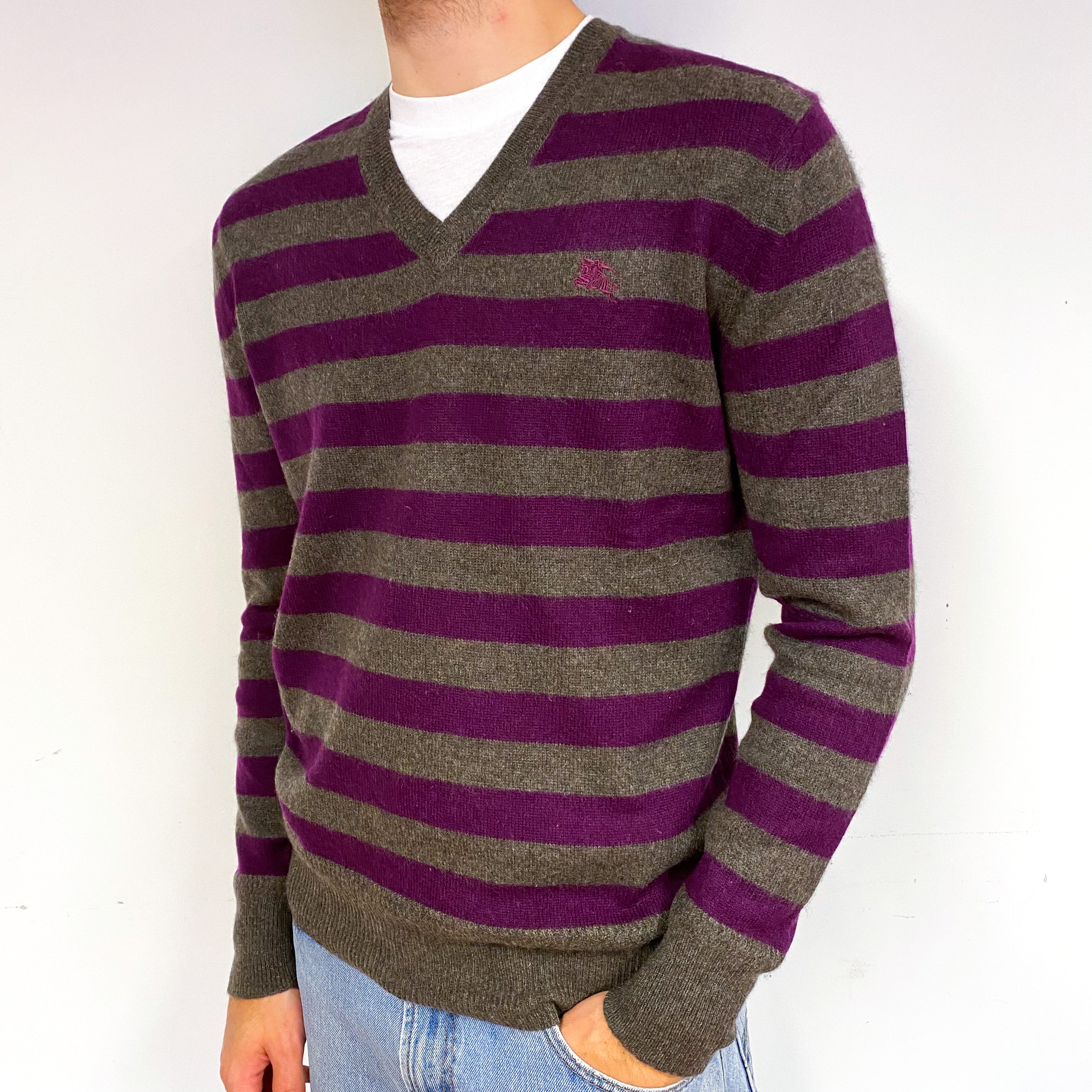 Men's Burberry Brown Purple Stripe Cashmere V-Neck Jumper Large