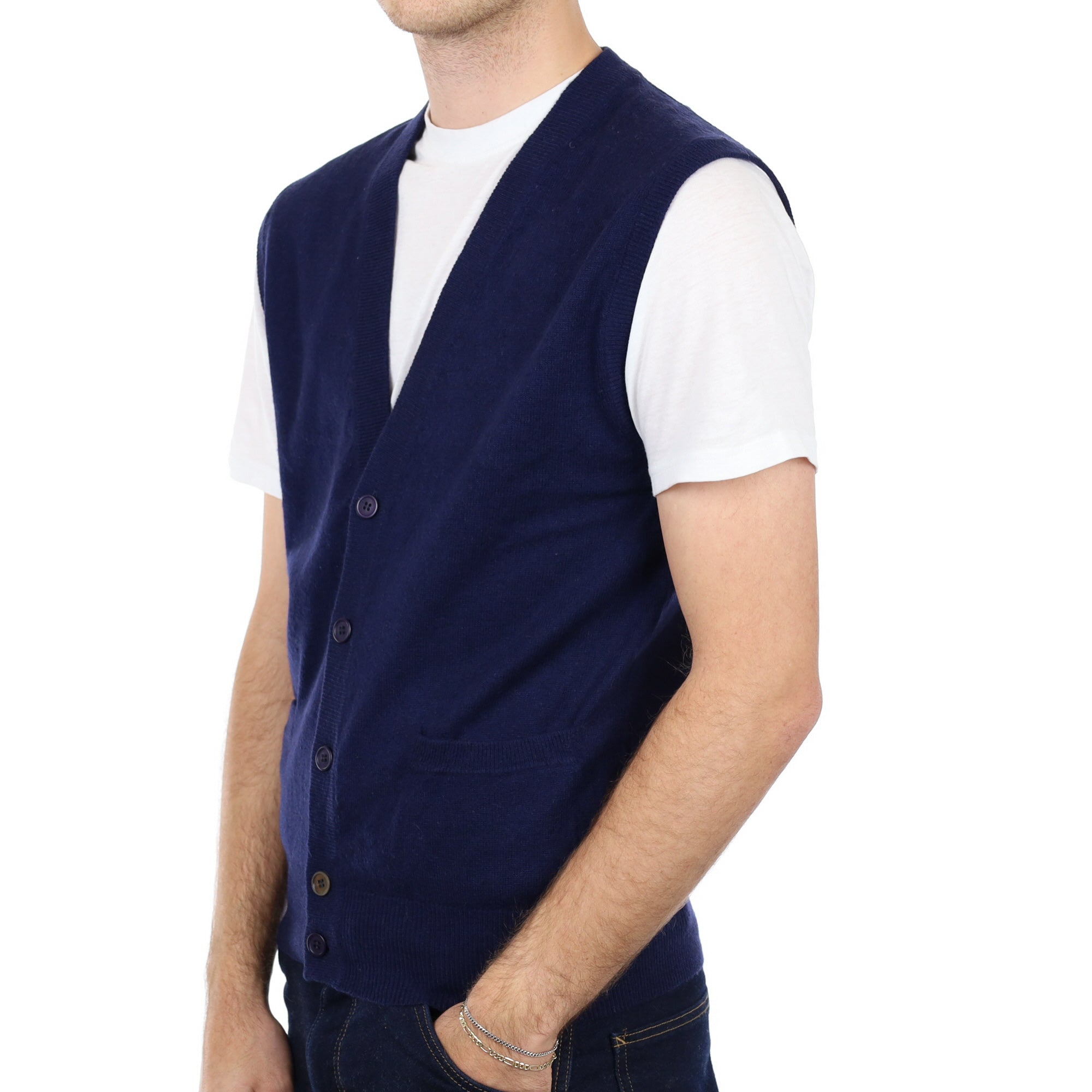 Men's Navy Blue Cashmere V Neck Sleeveless Cardigan Medium