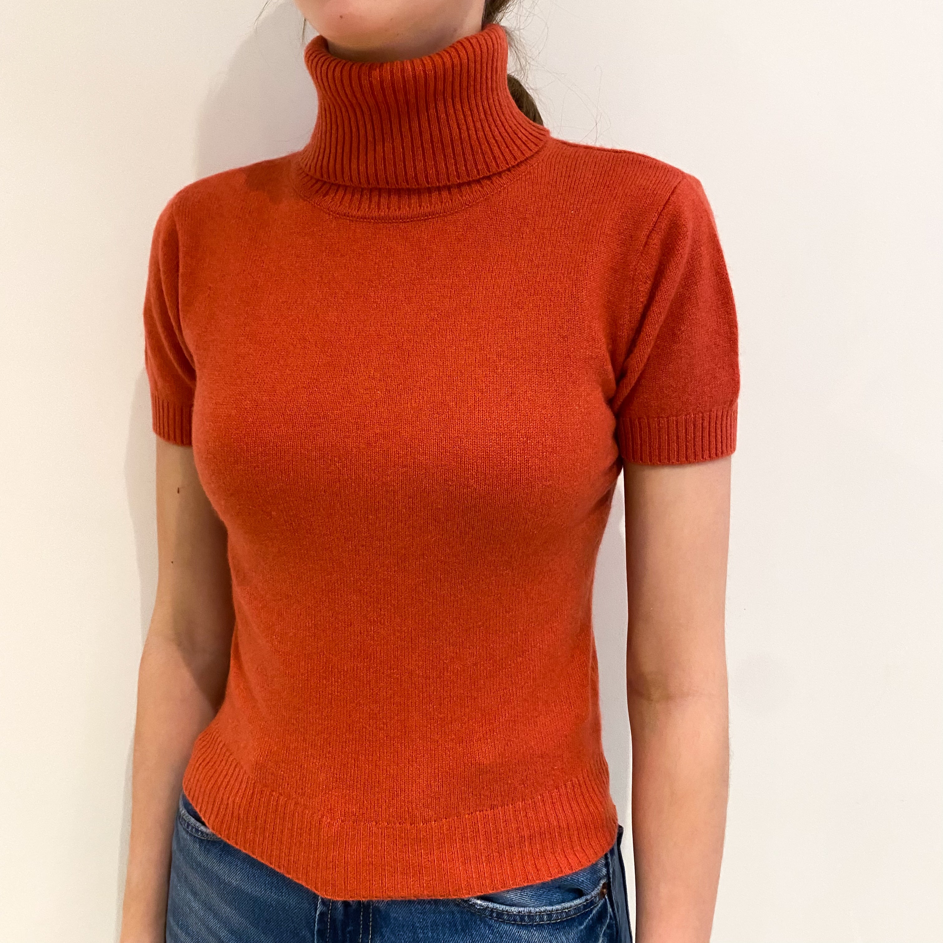 Strawberry Pink Cashmere Short Sleeved Polo Neck Jumper Extra Small