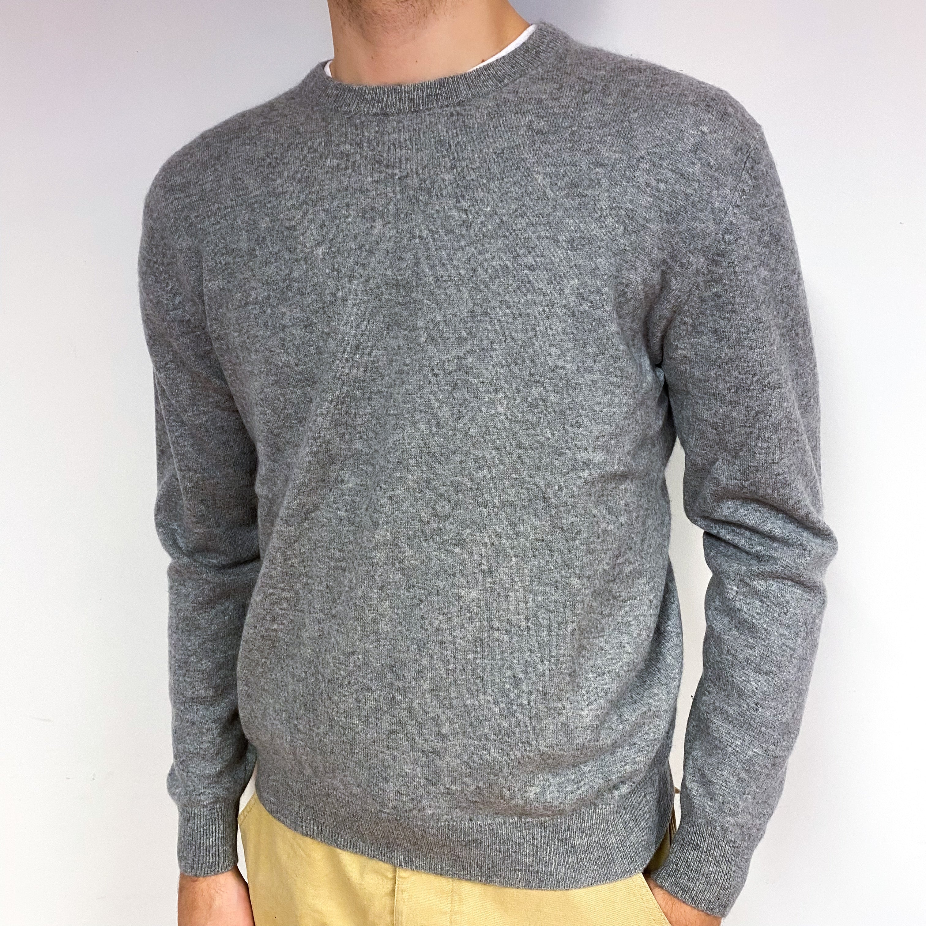 Men's Ash Grey Cashmere Crew Neck Jumper Medium