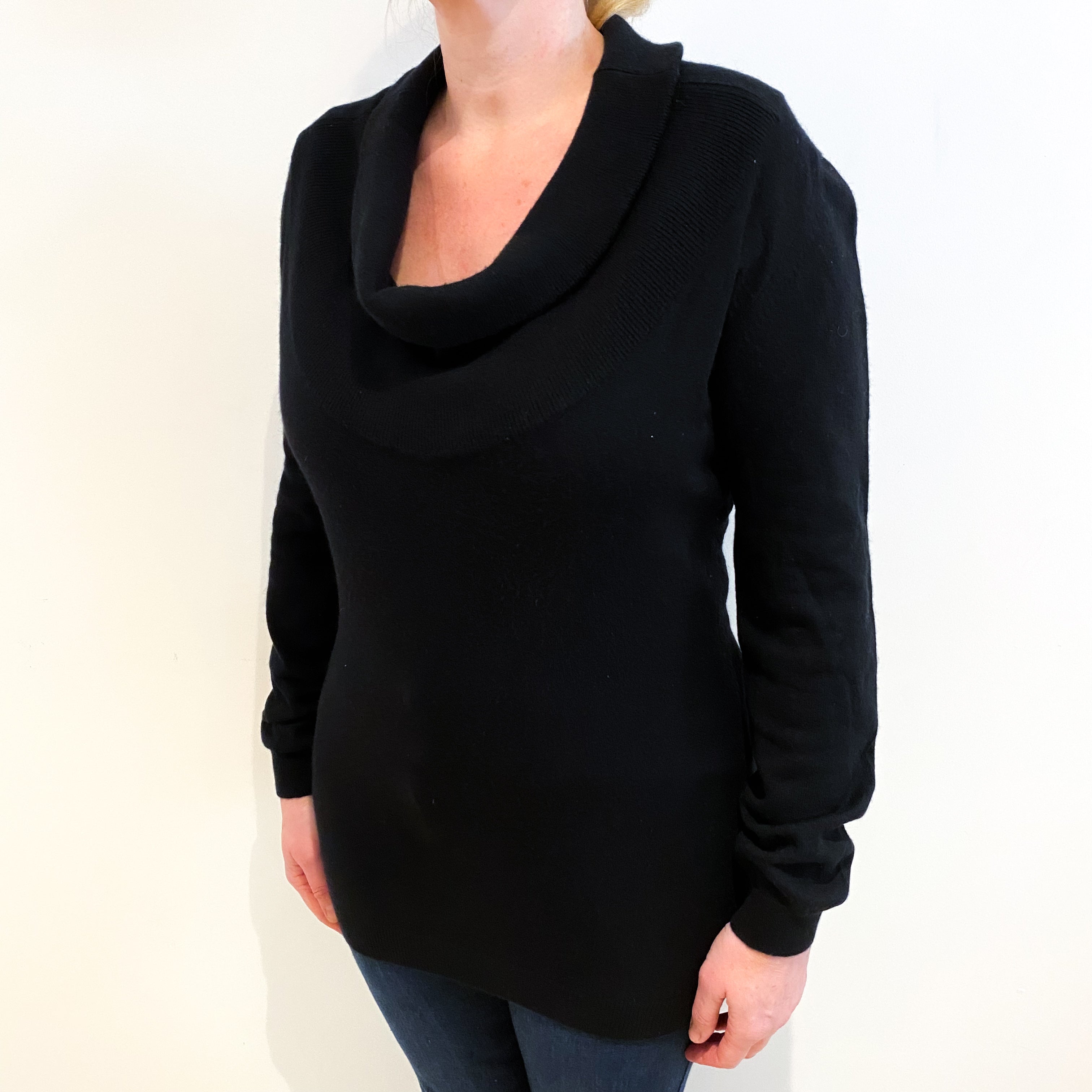 Black Cashmere Cowl Neck Long Line Jumper Large