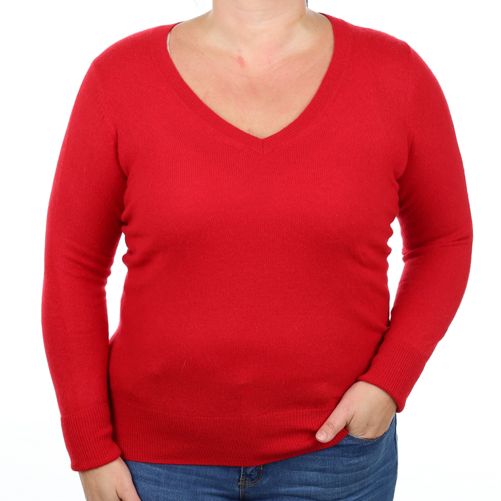 Post Box Red Cashmere V Neck Jumper Large
