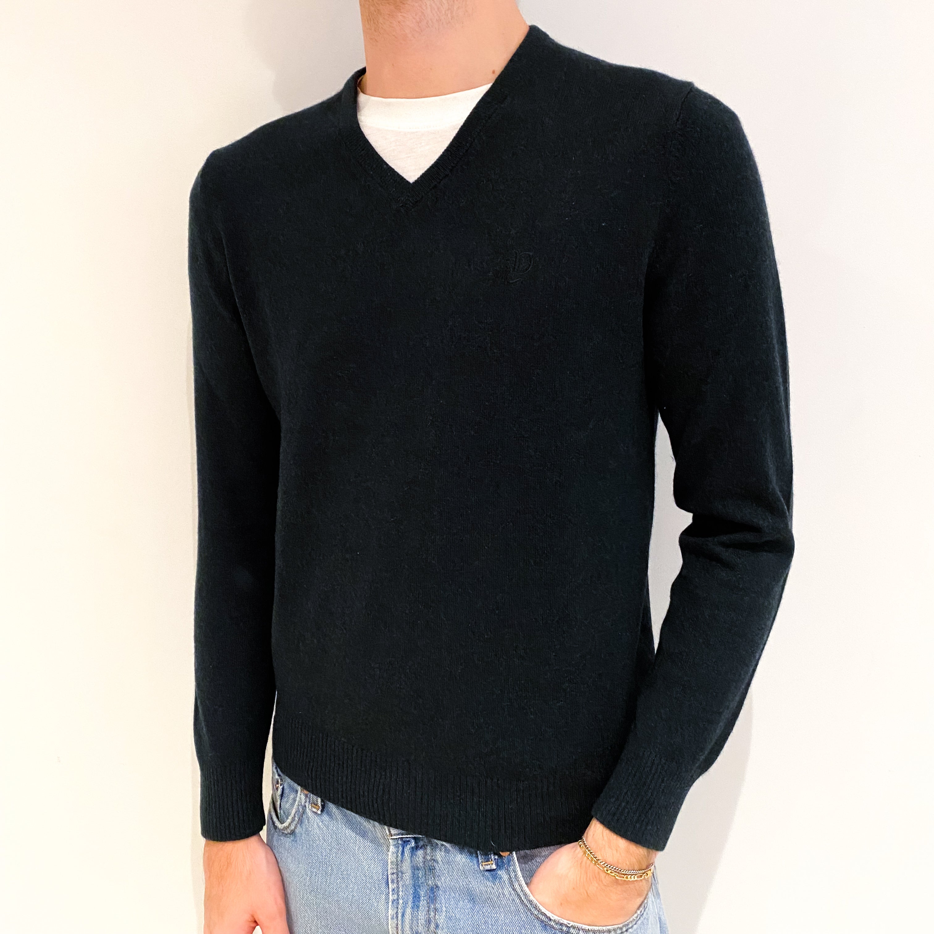 Men's Deep Seaweed Green Cashmere V Neck Jumper Medium
