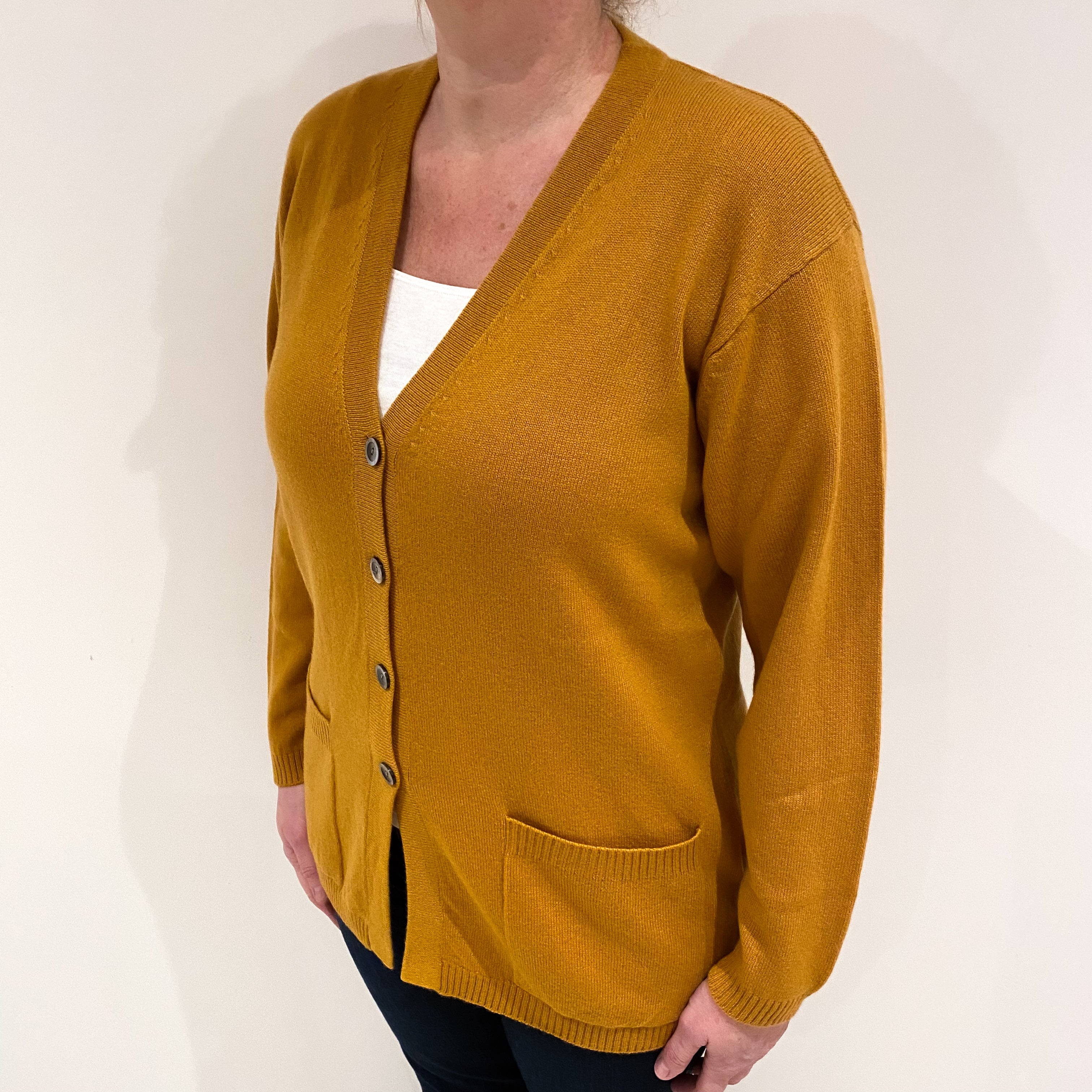 Deep Mustard Cashmere V Neck Cardigan with Pockets Large
