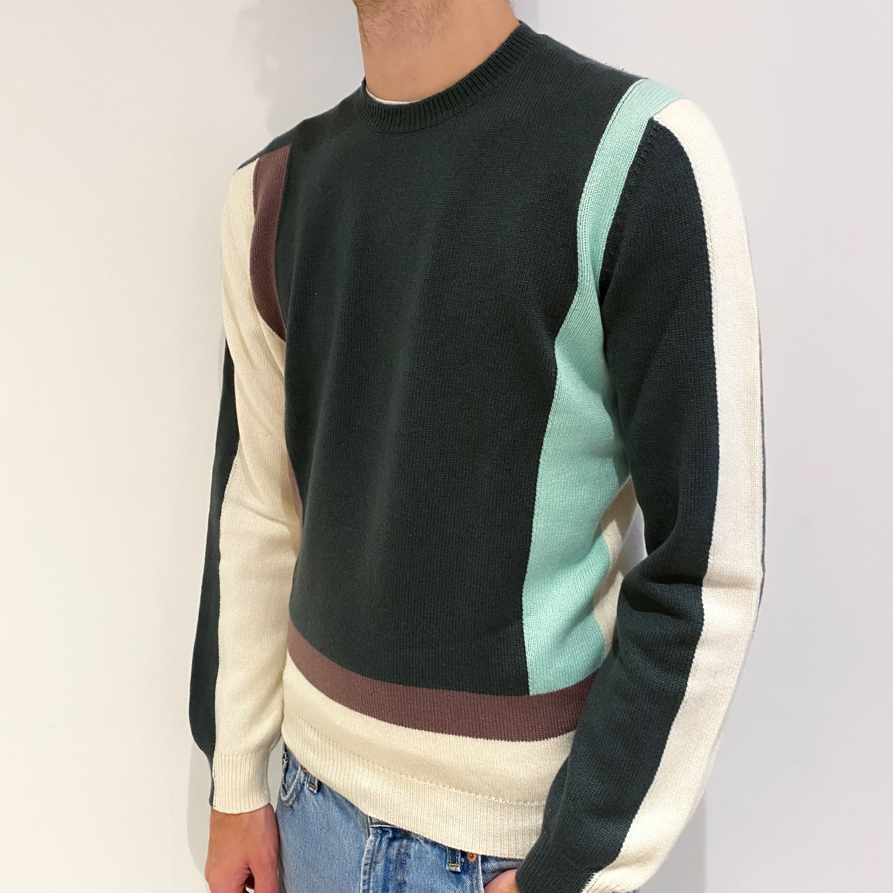 Men's Malo Moss Green and Cream Cashmere Crew Neck Jumper Large