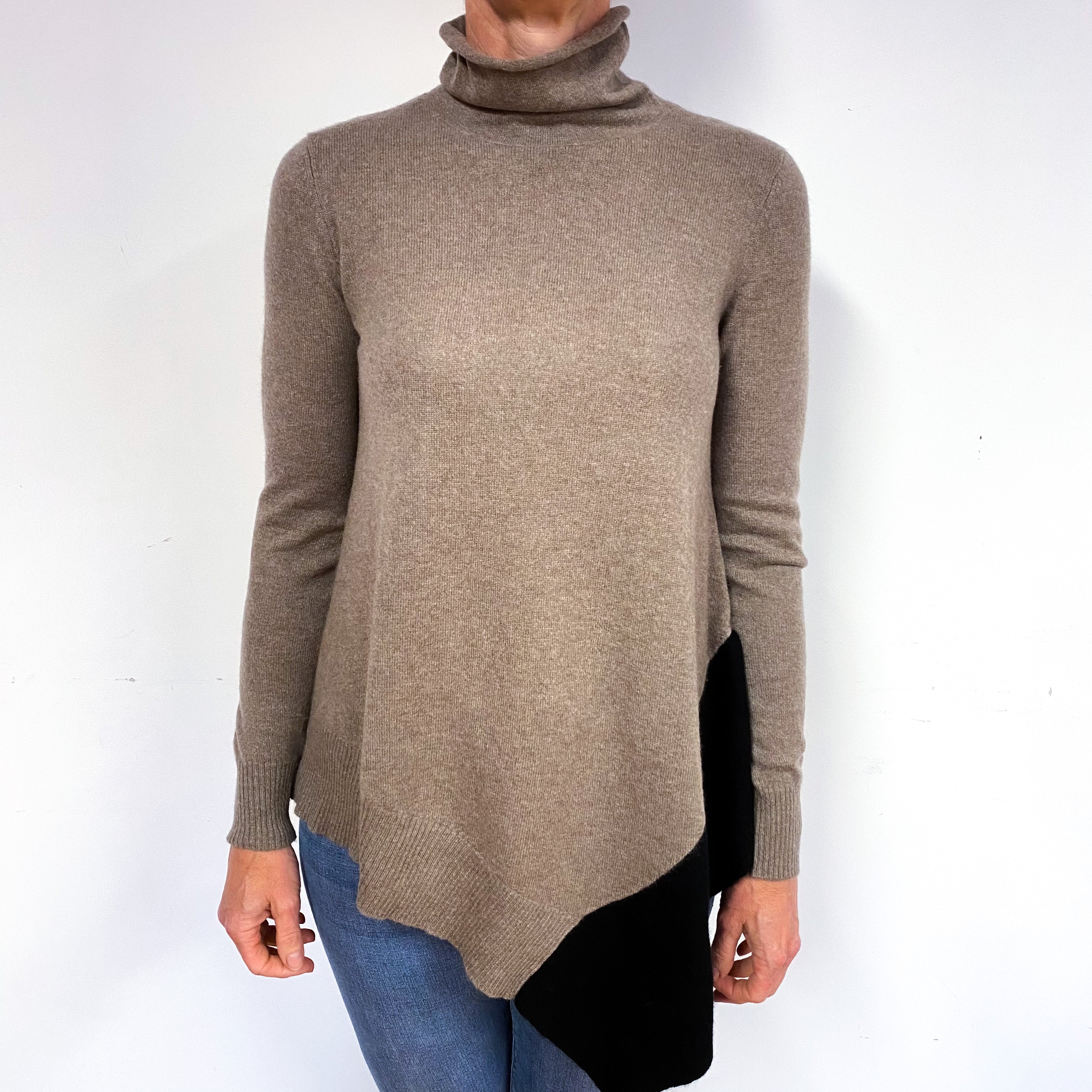 Mocha Brown Handkerchief Hem Cashmere Funnel Neck Jumper Medium