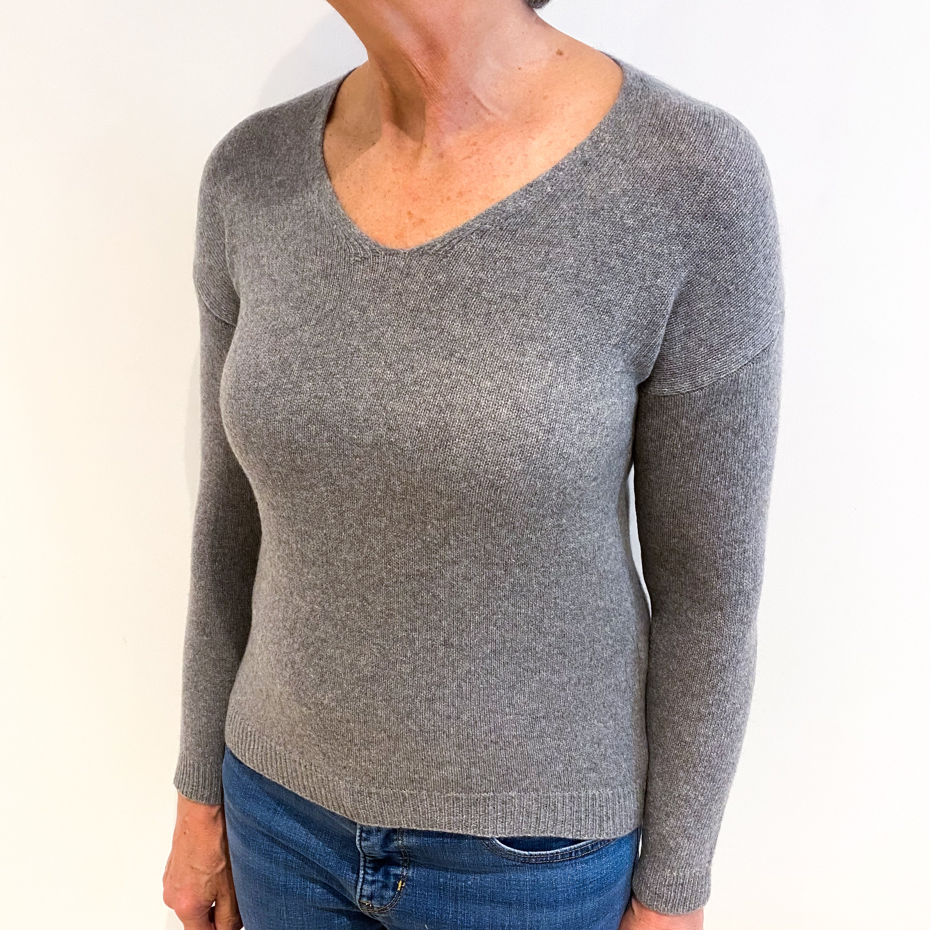 Italian Ash Grey Cashmere V Neck Drop Shoulder Jumper Medium