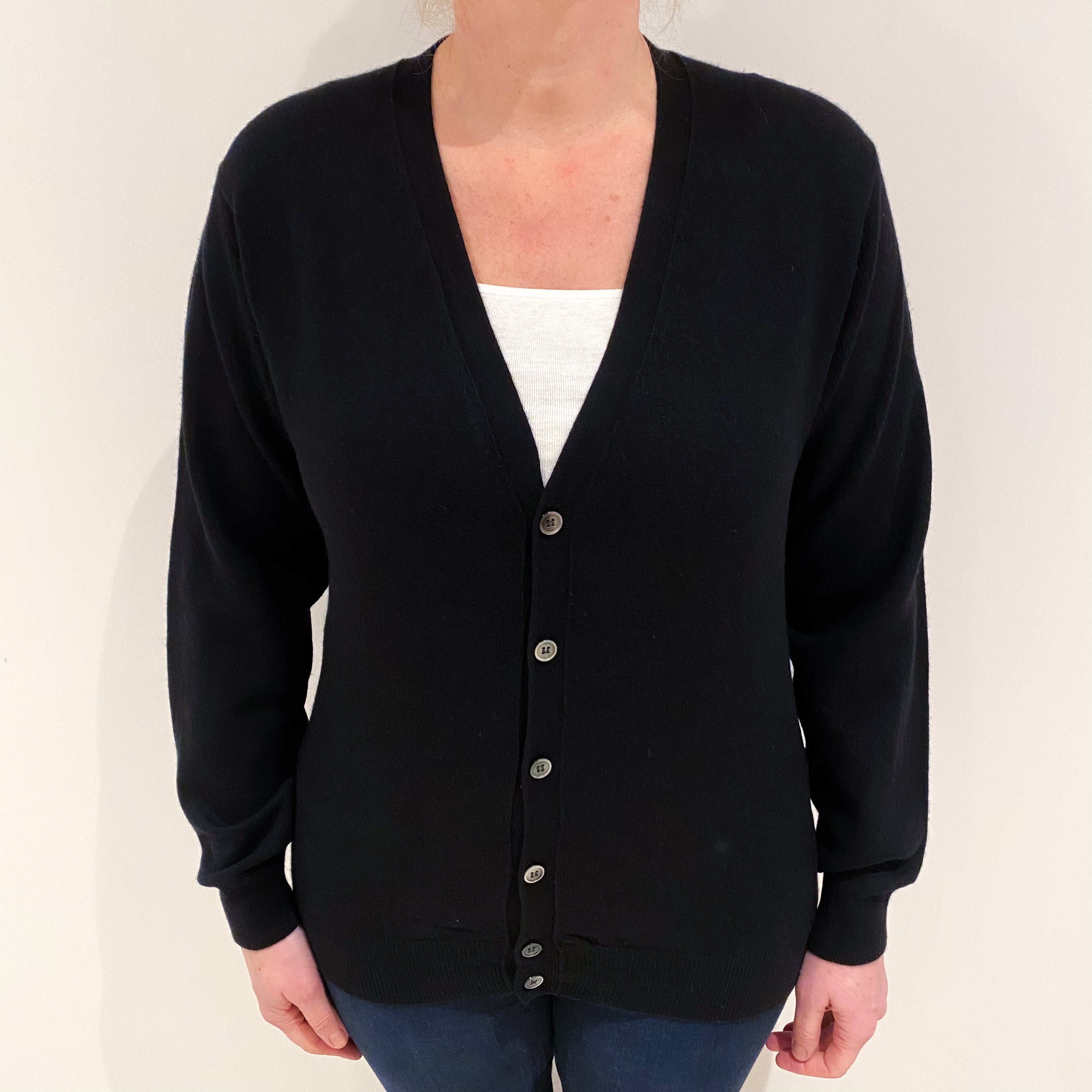 Black Cashmere V Neck Cardigan Large