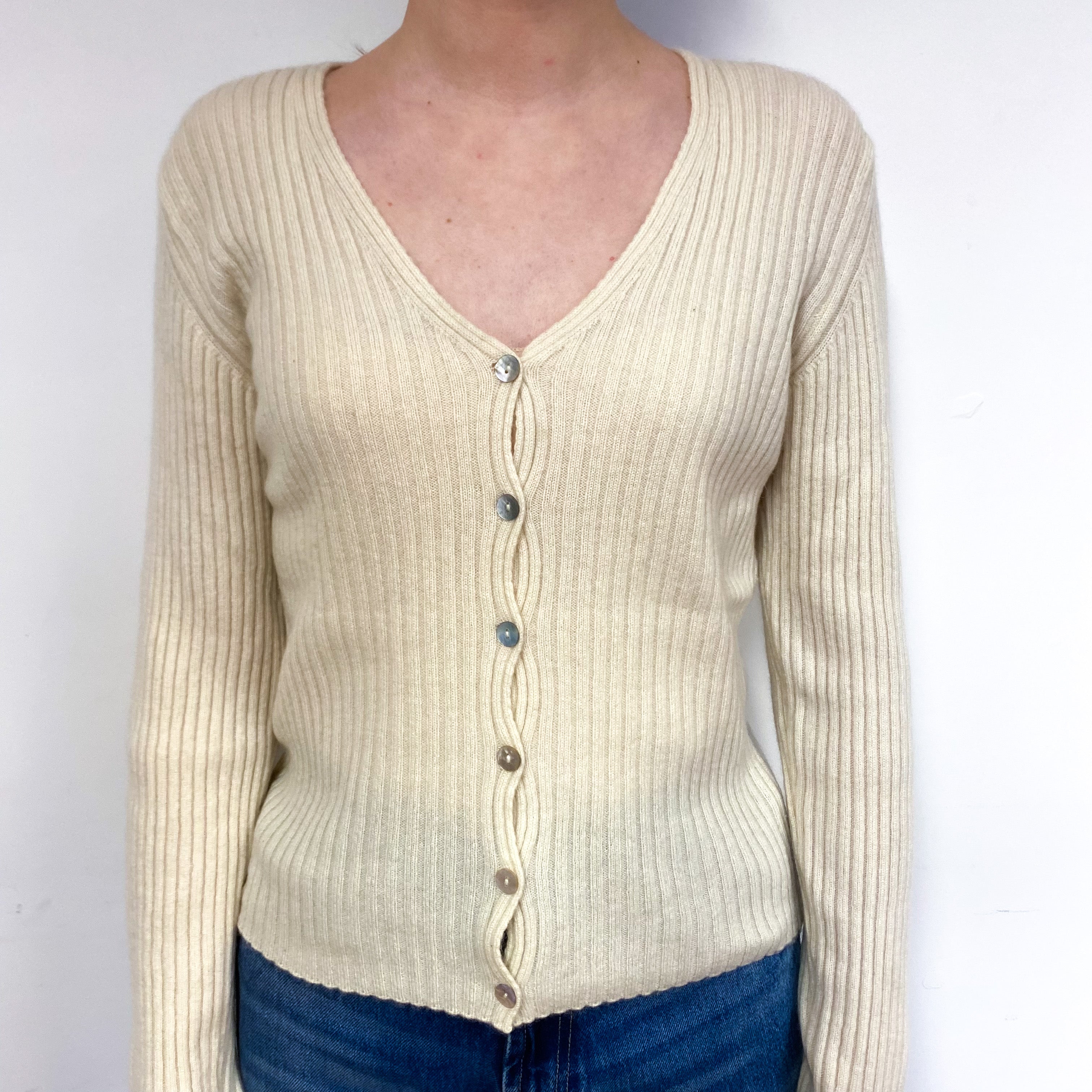 Vanilla Cream Ribbed Cashmere V-Neck Cardigan Extra Small