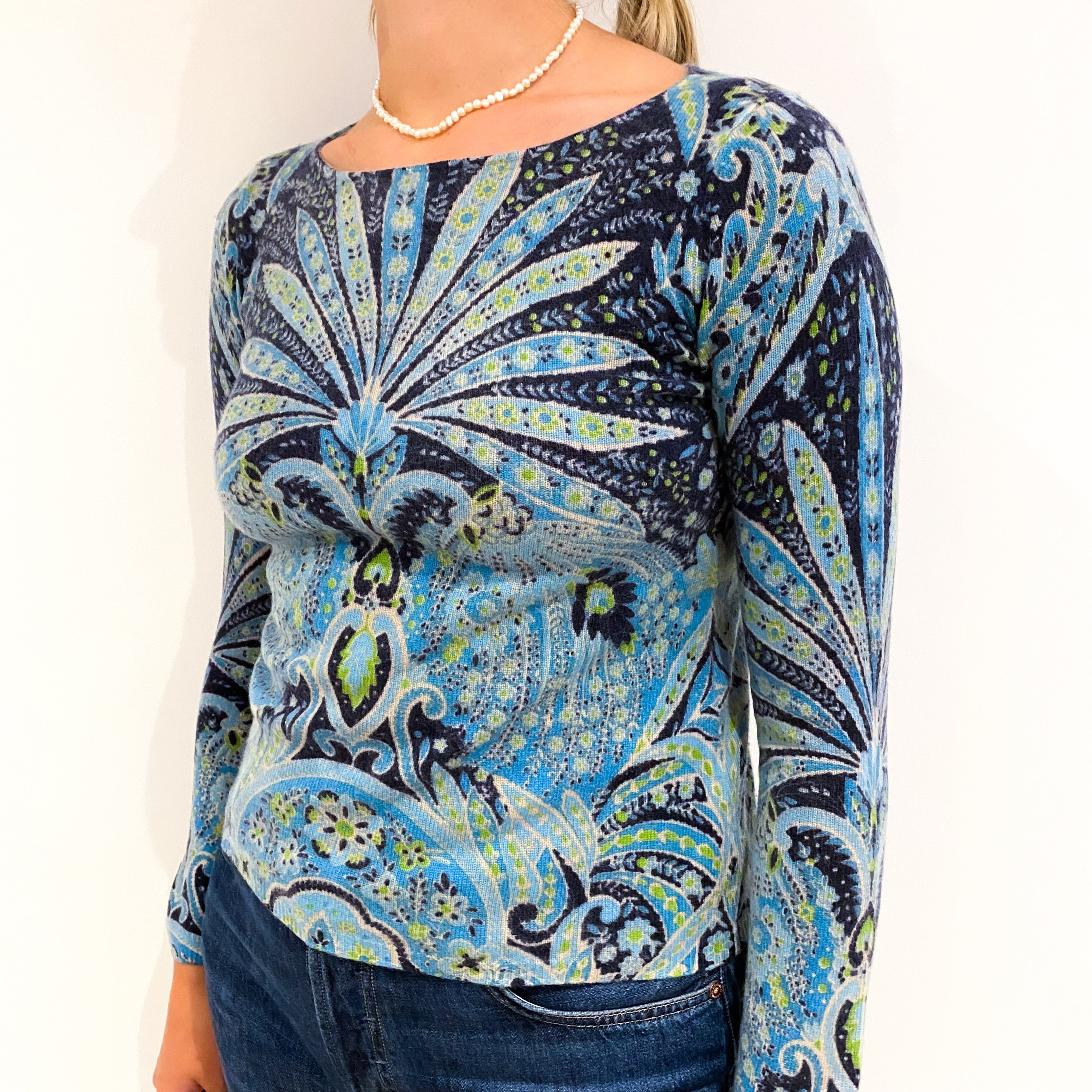 Blue Paisley Design Cashmere Crew Neck Jumper Small