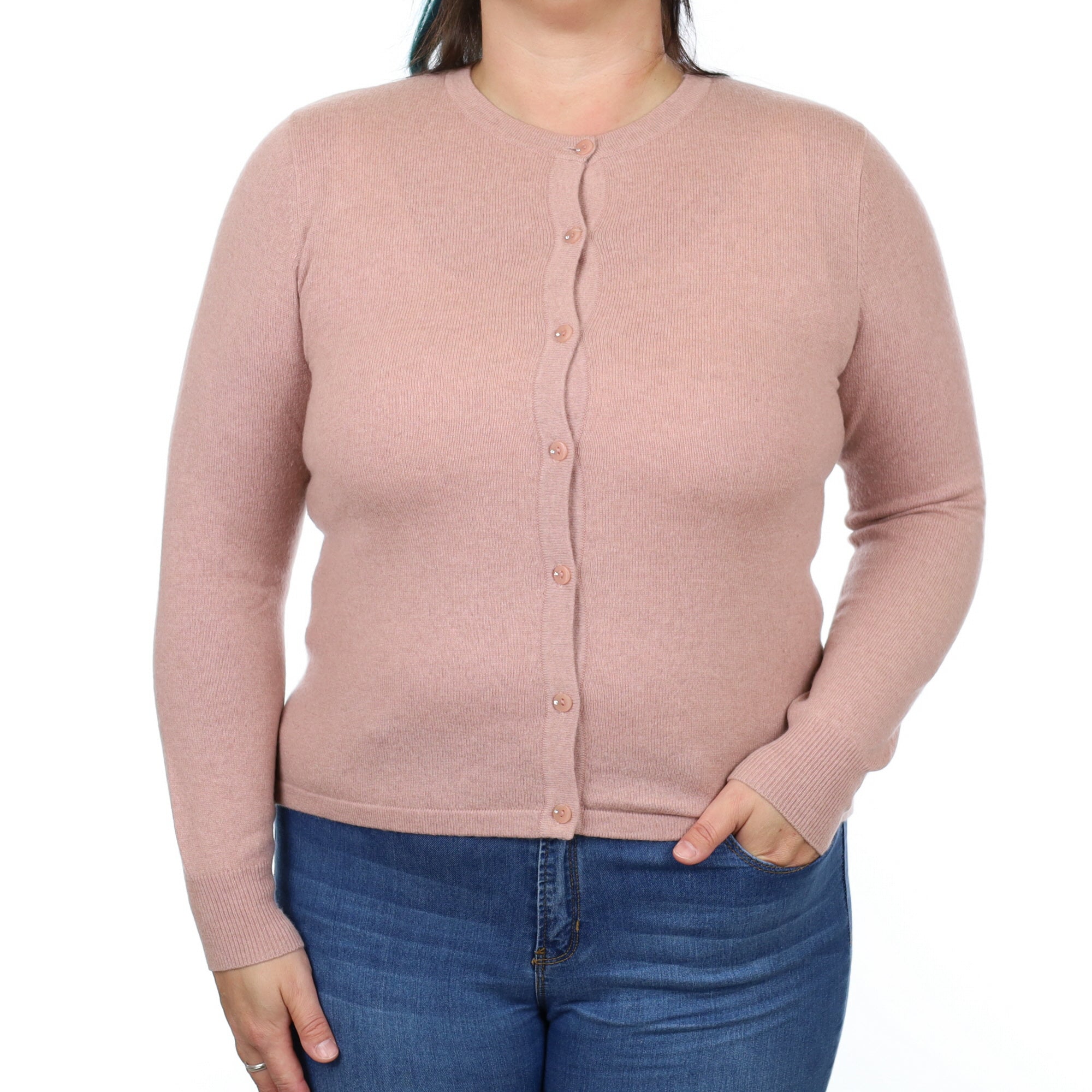 Faded Heather Pink Cashmere Crew Neck Cardigan Large